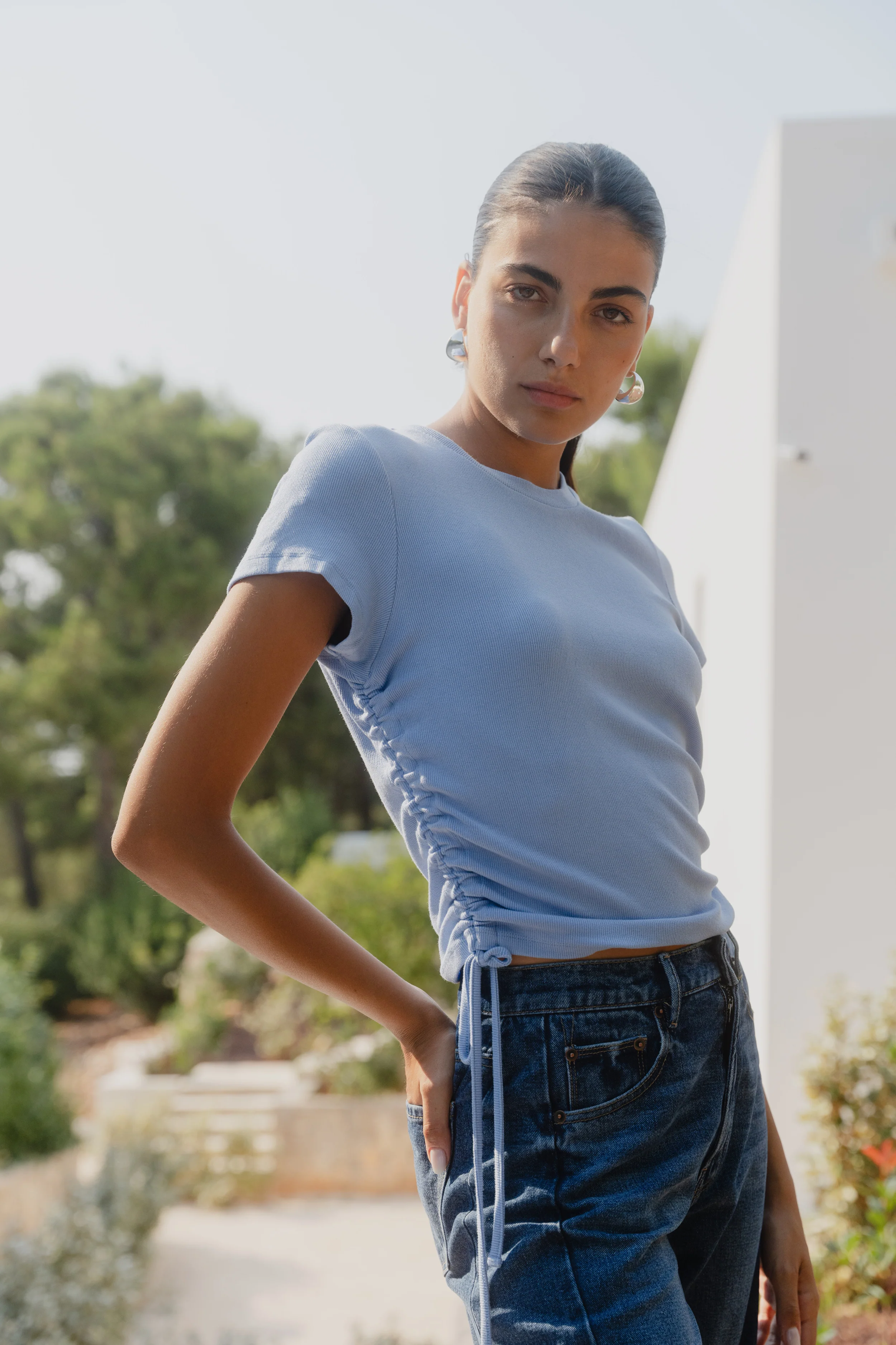 Perfect Pale Blue Rib Rouched Side Crop Tee - Image 2