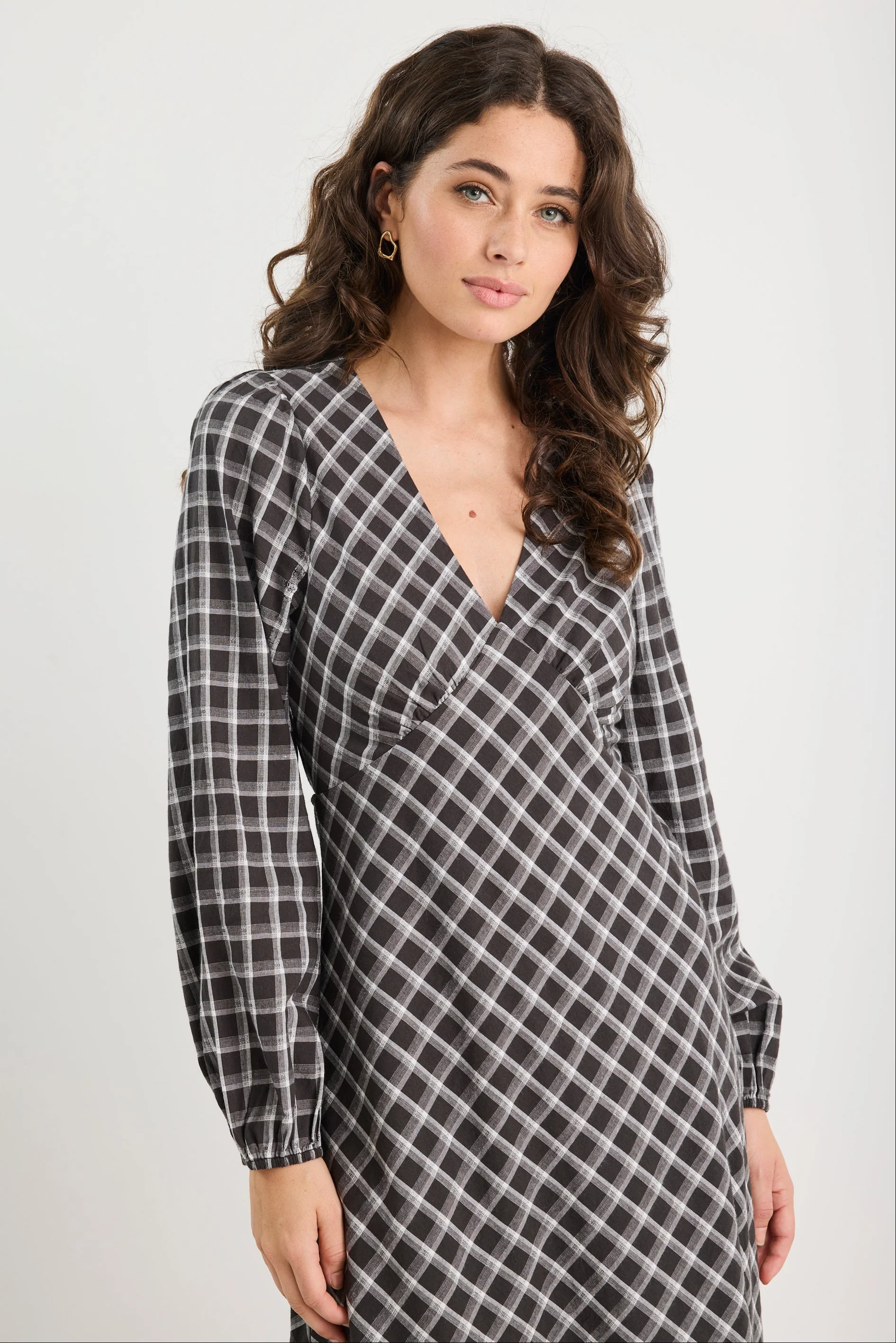 Phoenix Black White Check Balloon Sleeve Midi Dress - Image 3