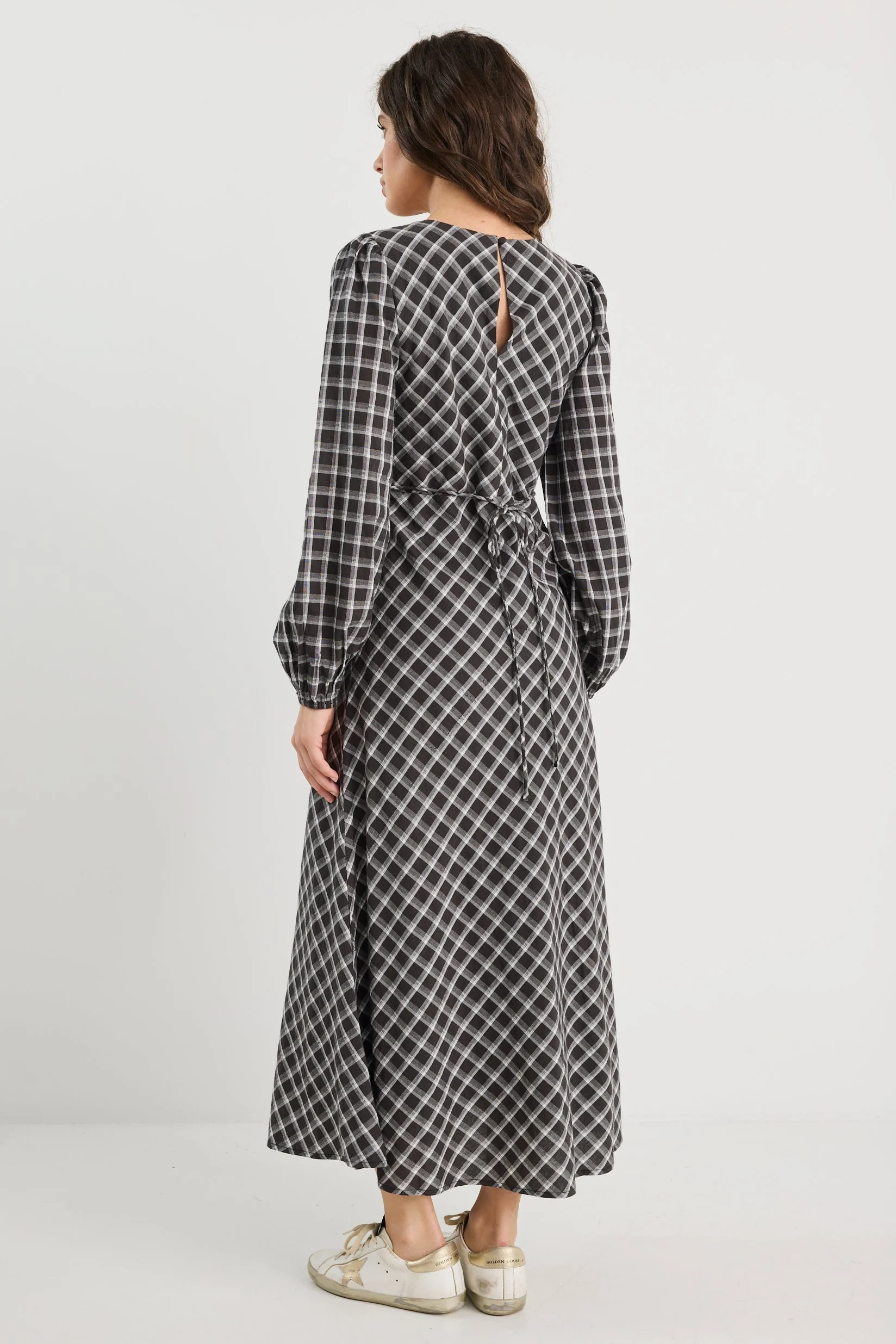 Phoenix Black White Check Balloon Sleeve Midi Dress - Image 4
