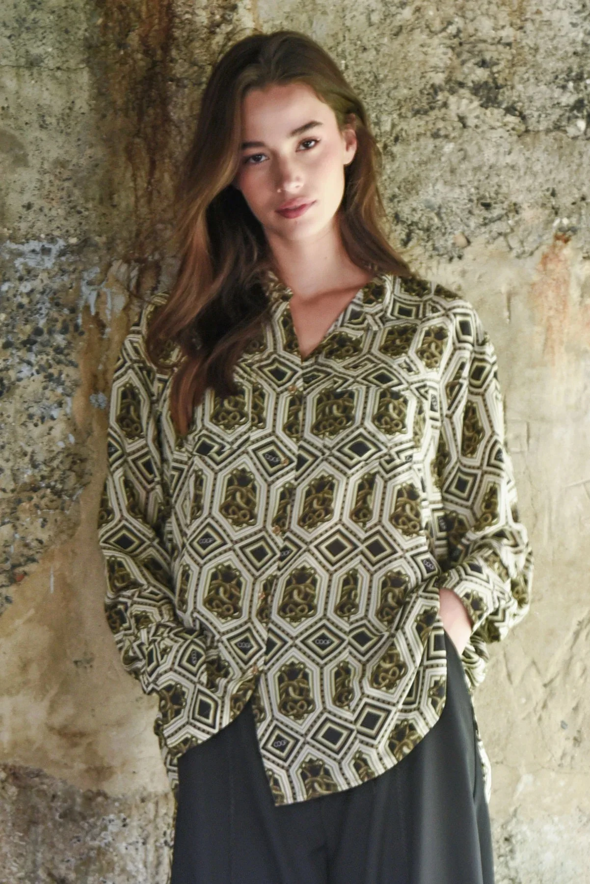 Pocket Full Of Chic Bronze Snake Print LS Shirt