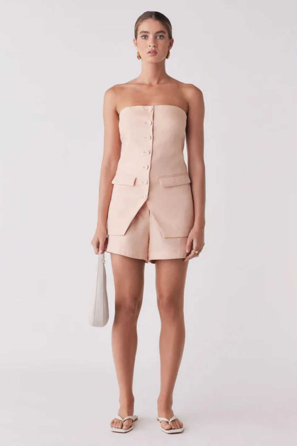 Portsea Peach Front Button Linen Bandeau Top - Image 2