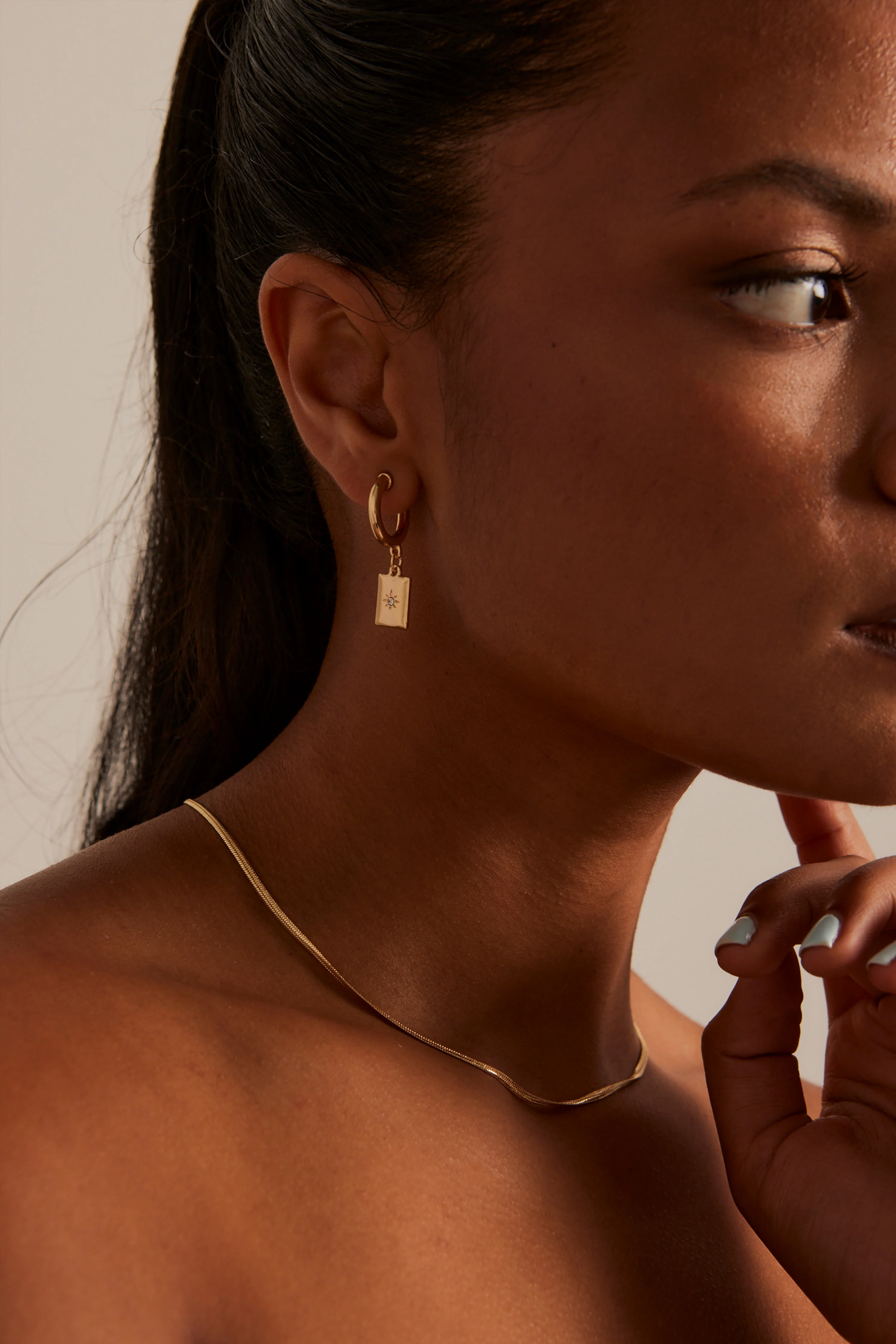 Rectangle Pendant Gold Hoop Earrings - Image 2