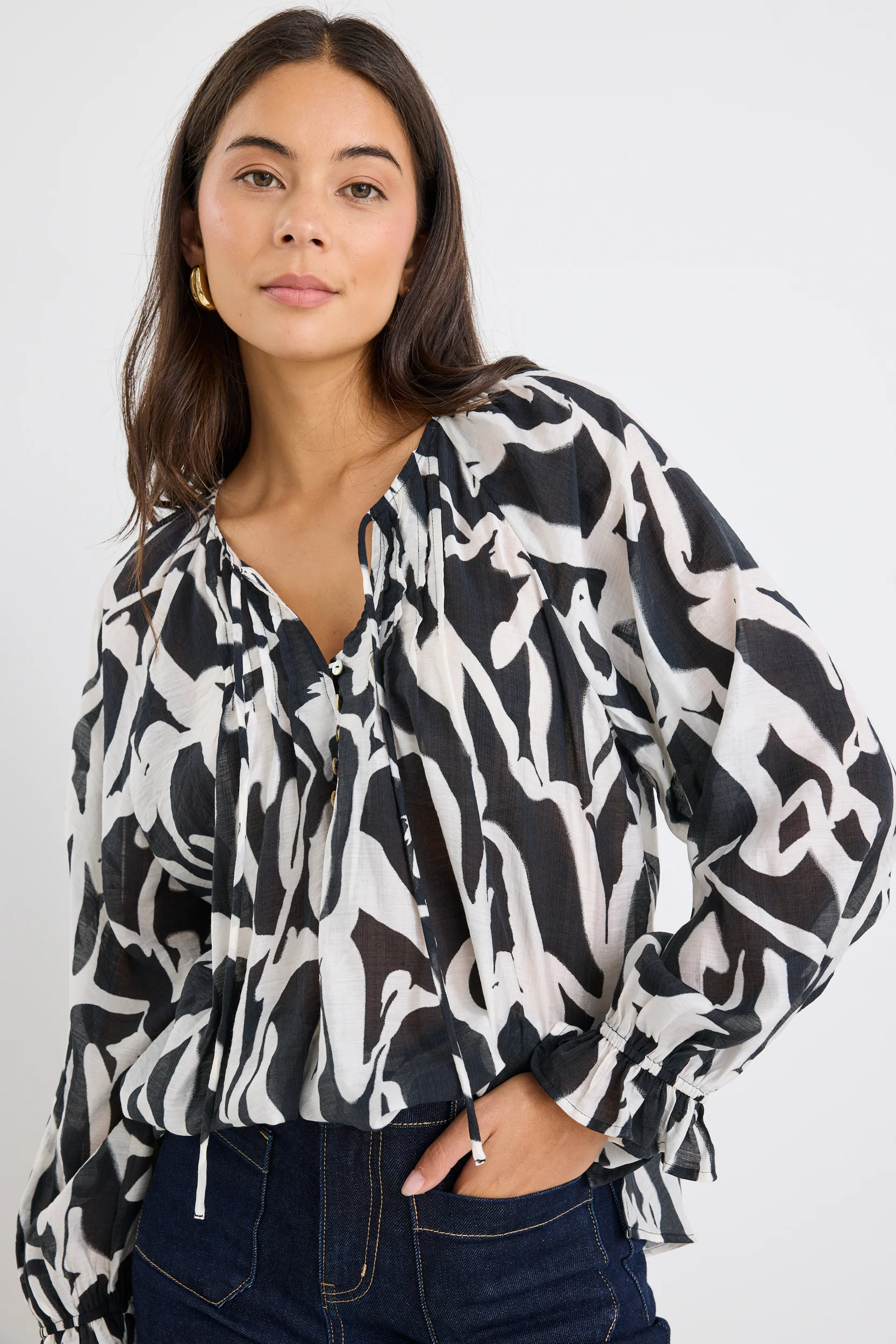 Refine Black Cream Squiggle Pintuck Front LS Top - Image 2