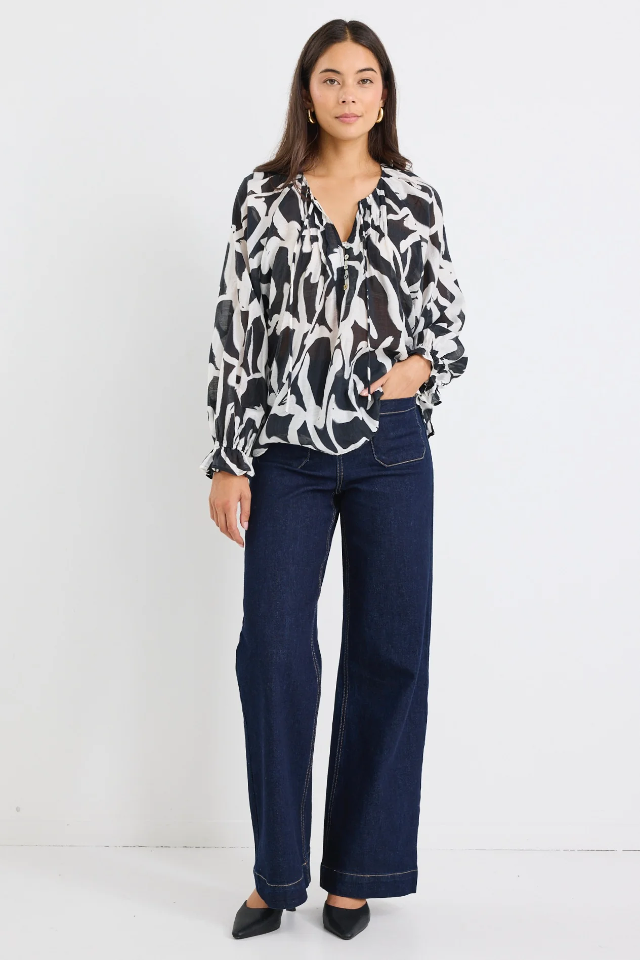 Refine Black Cream Squiggle Pintuck Front LS Top - Image 3