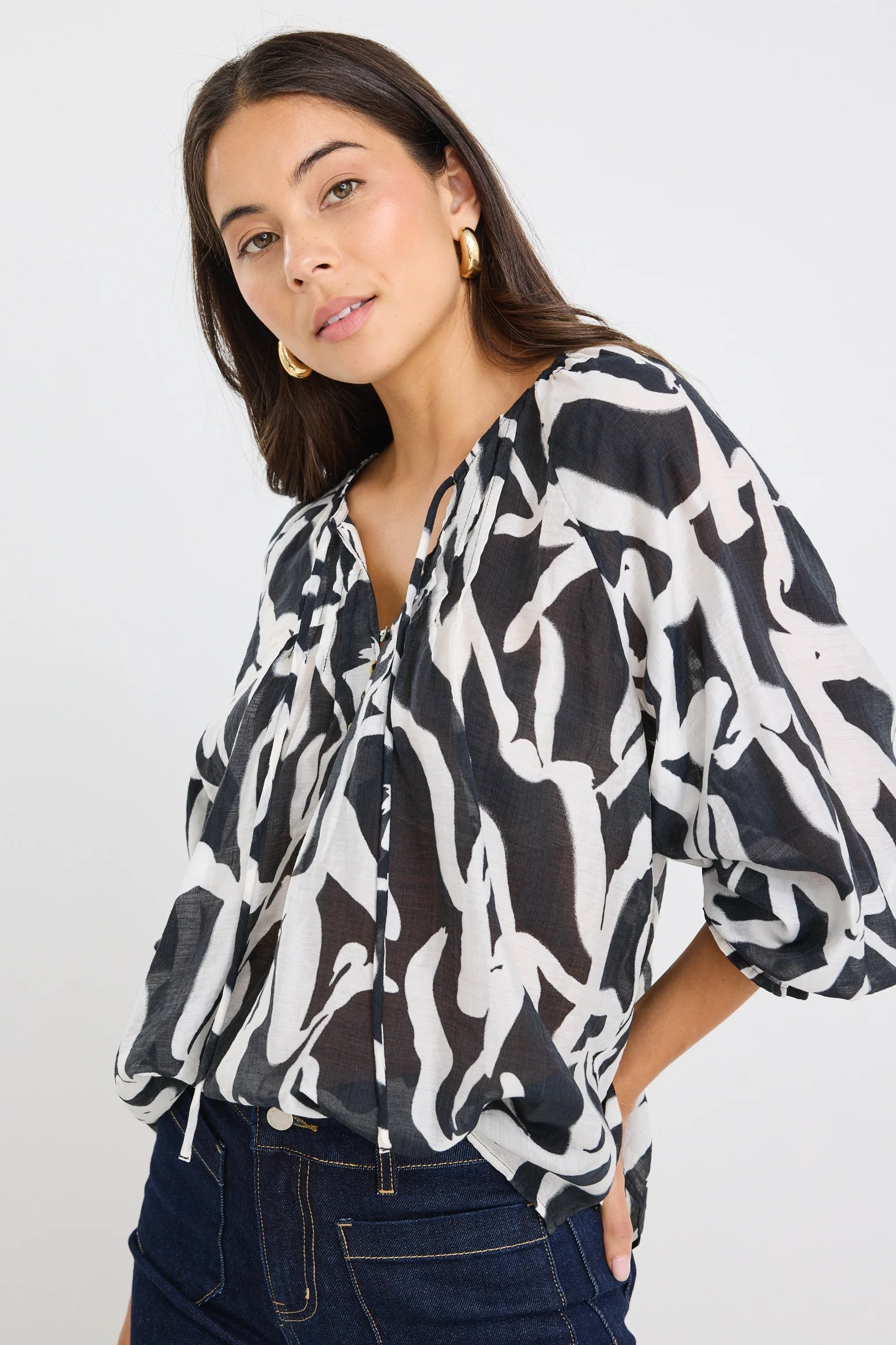 Refine Black Cream Squiggle Pintuck Front LS Top - Image 5
