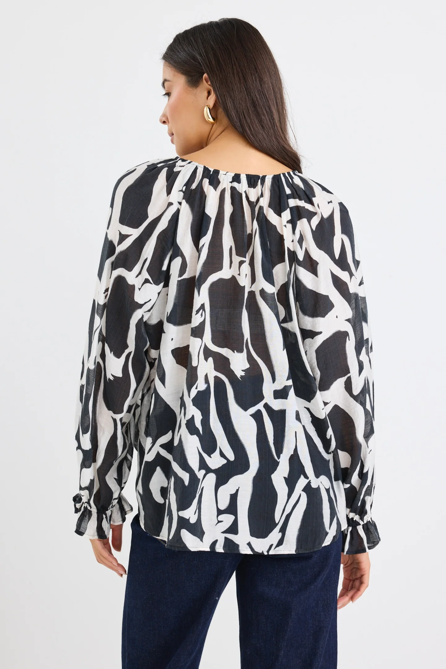 Refine Black Cream Squiggle Pintuck Front LS Top - Image 6