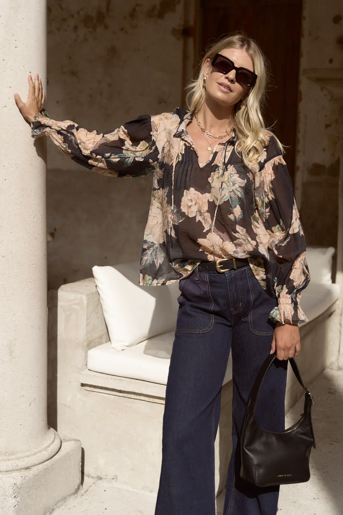 Refined Navy Peach Floral LS Pintuck Top