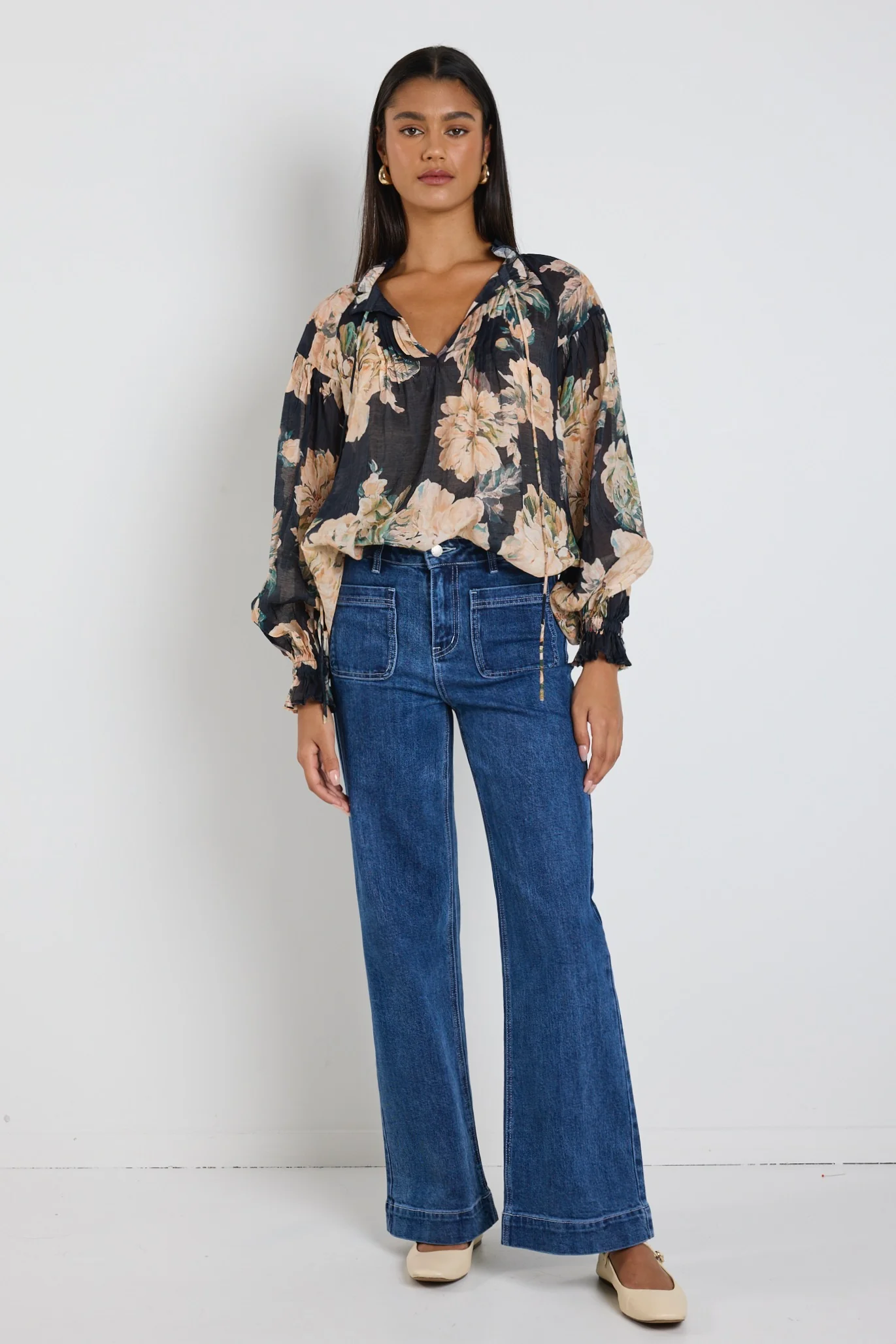 Refined Navy Peach Floral LS Pintuck Top - Image 3