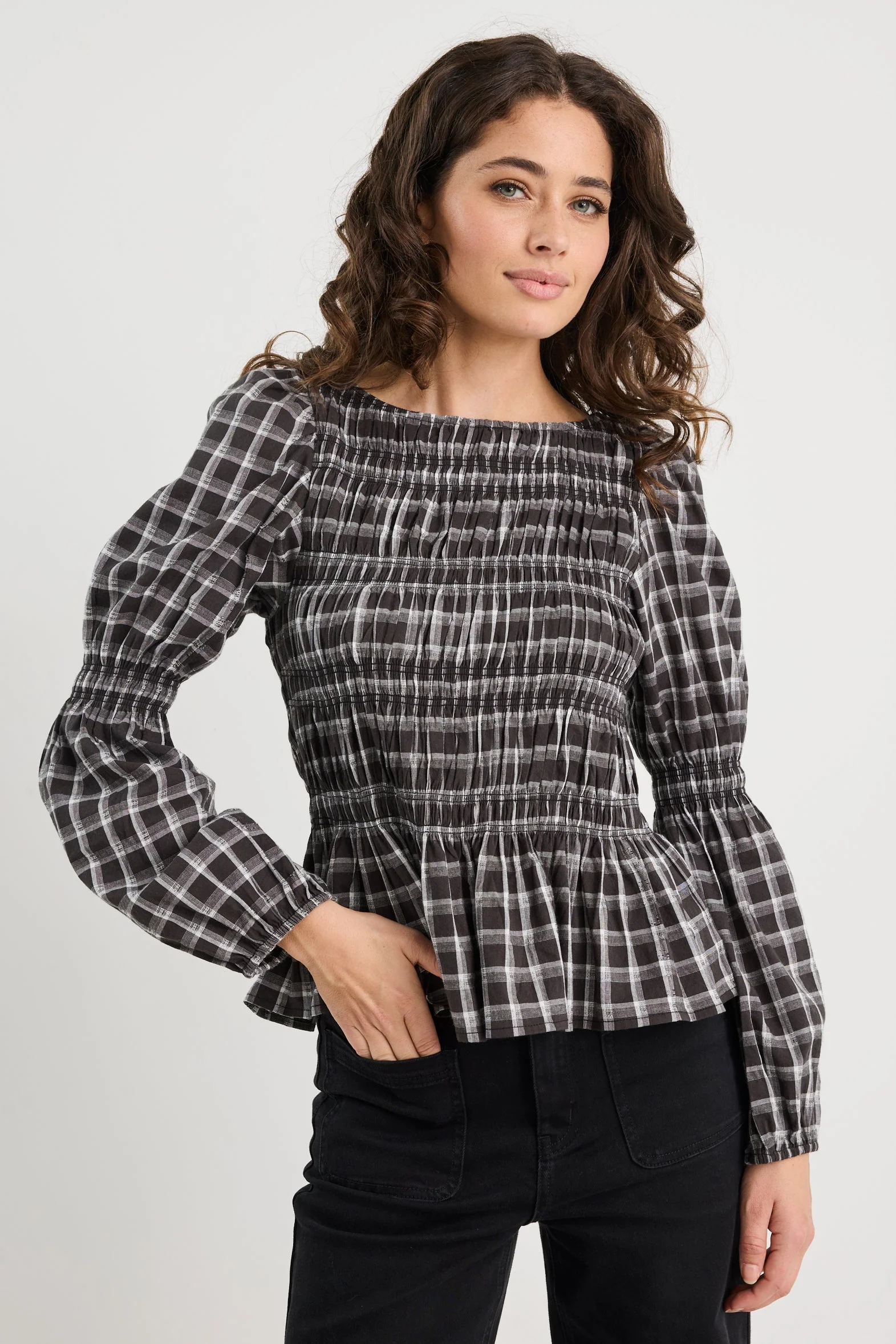 Required Black White Check LS Shirred Bodice Top