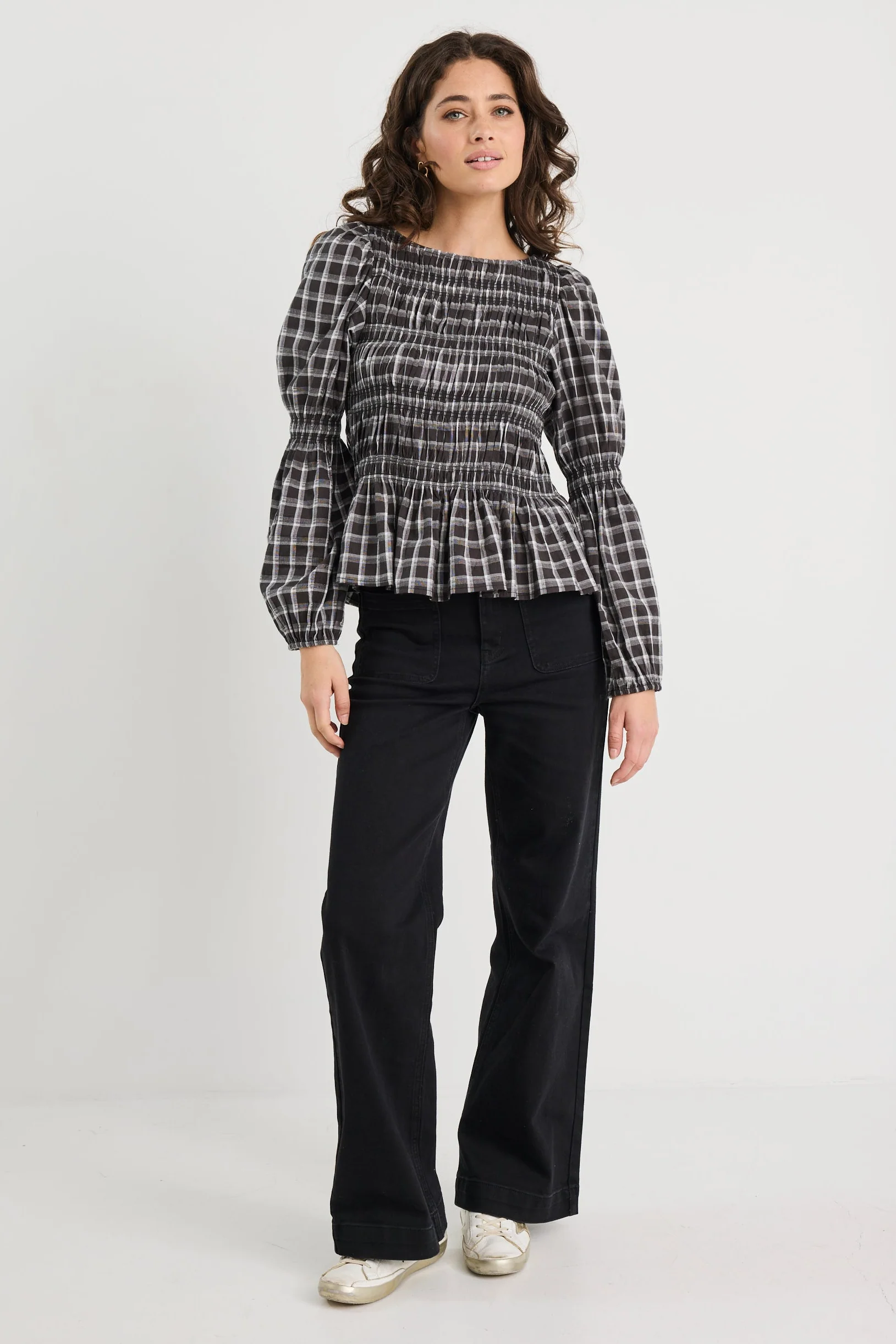 Required Black White Check LS Shirred Bodice Top - Image 2