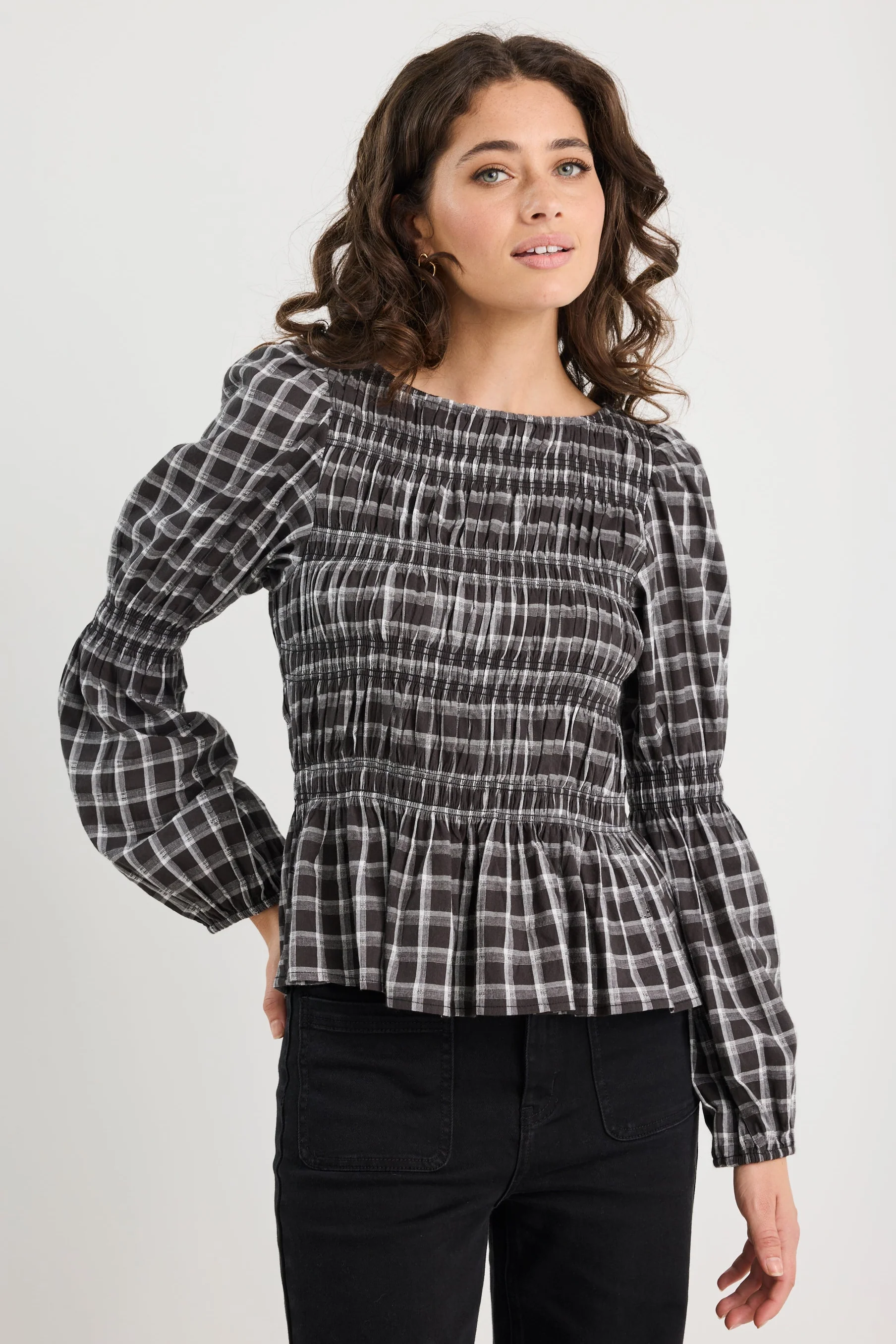 Required Black White Check LS Shirred Bodice Top - Image 3