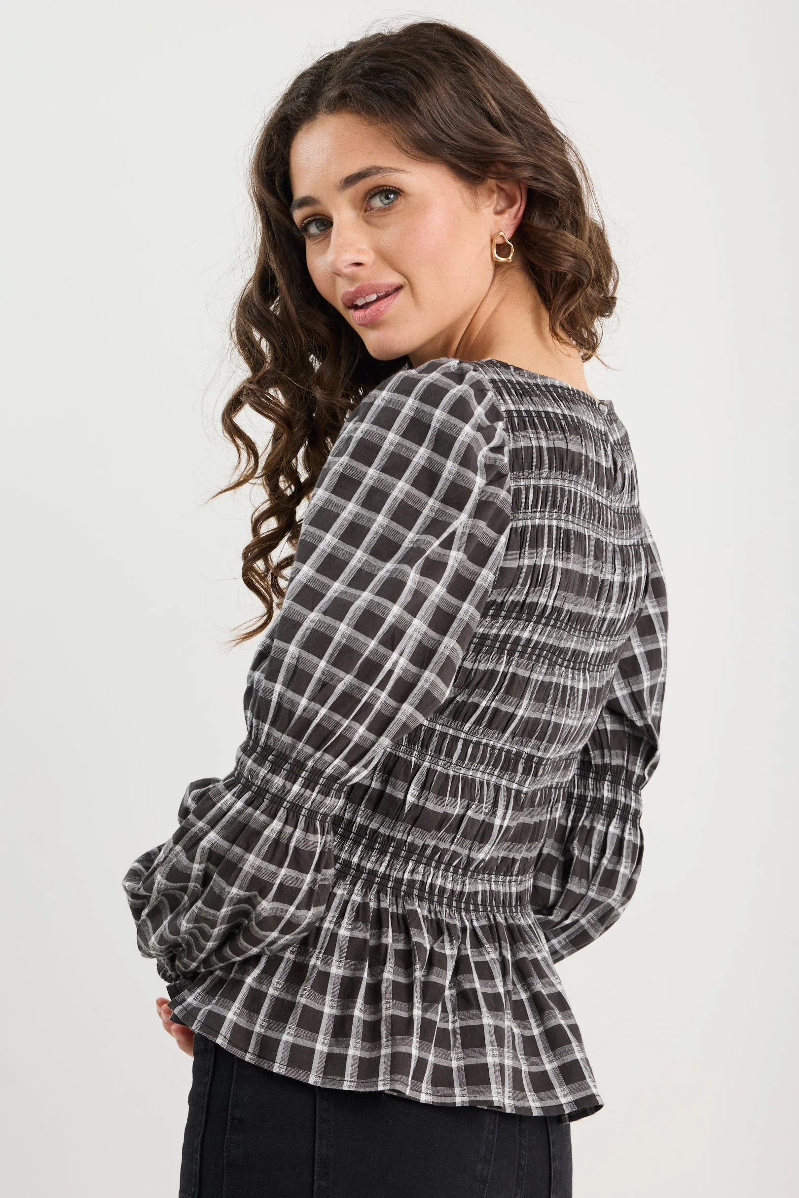 Required Black White Check LS Shirred Bodice Top - Image 4