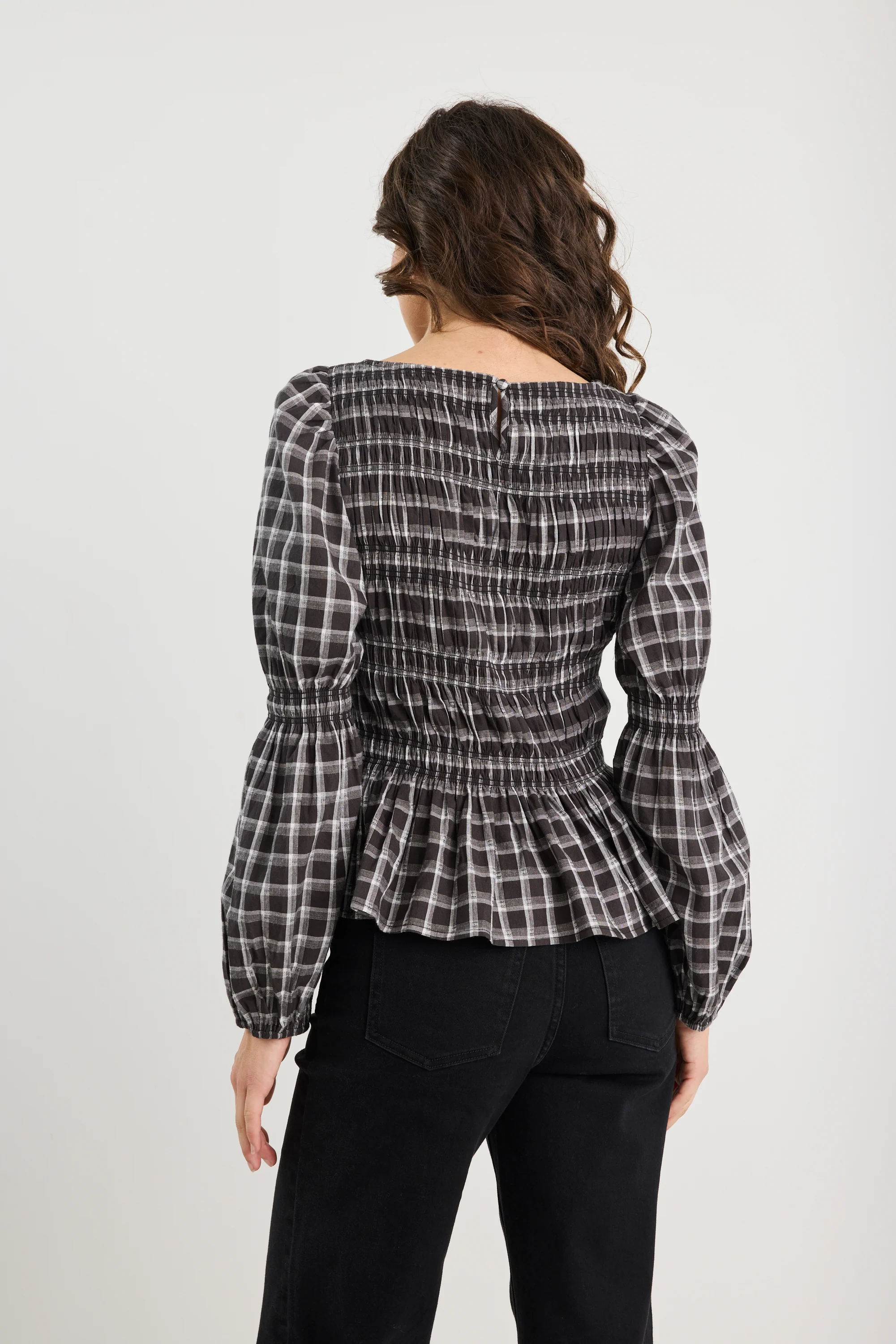 Required Black White Check LS Shirred Bodice Top - Image 5