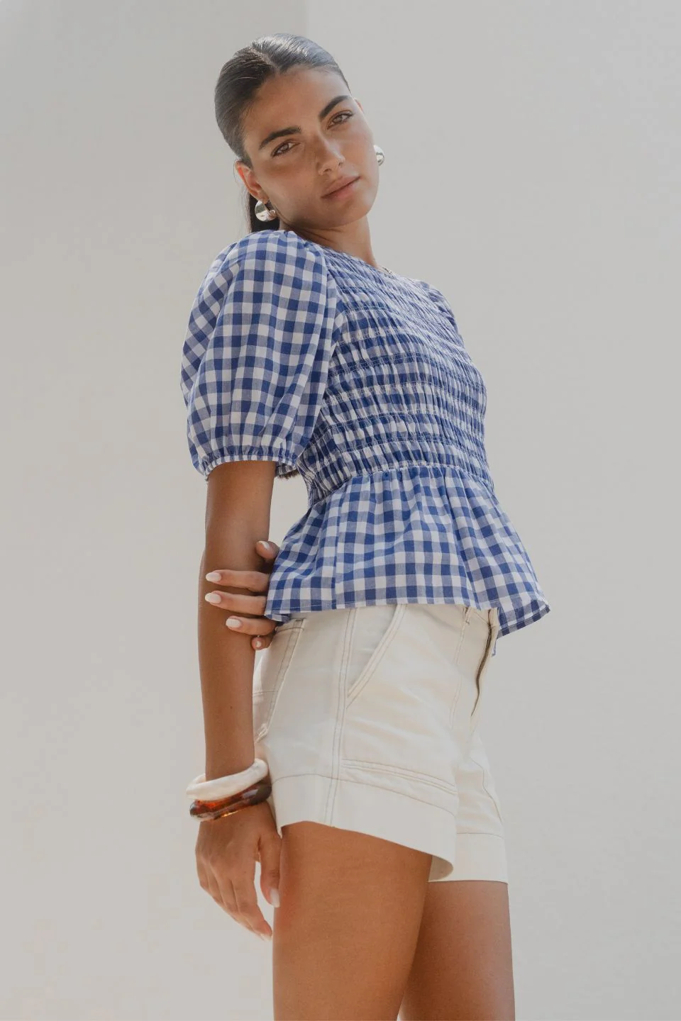 Requite Blue Gingham Shirred Body SS Top
