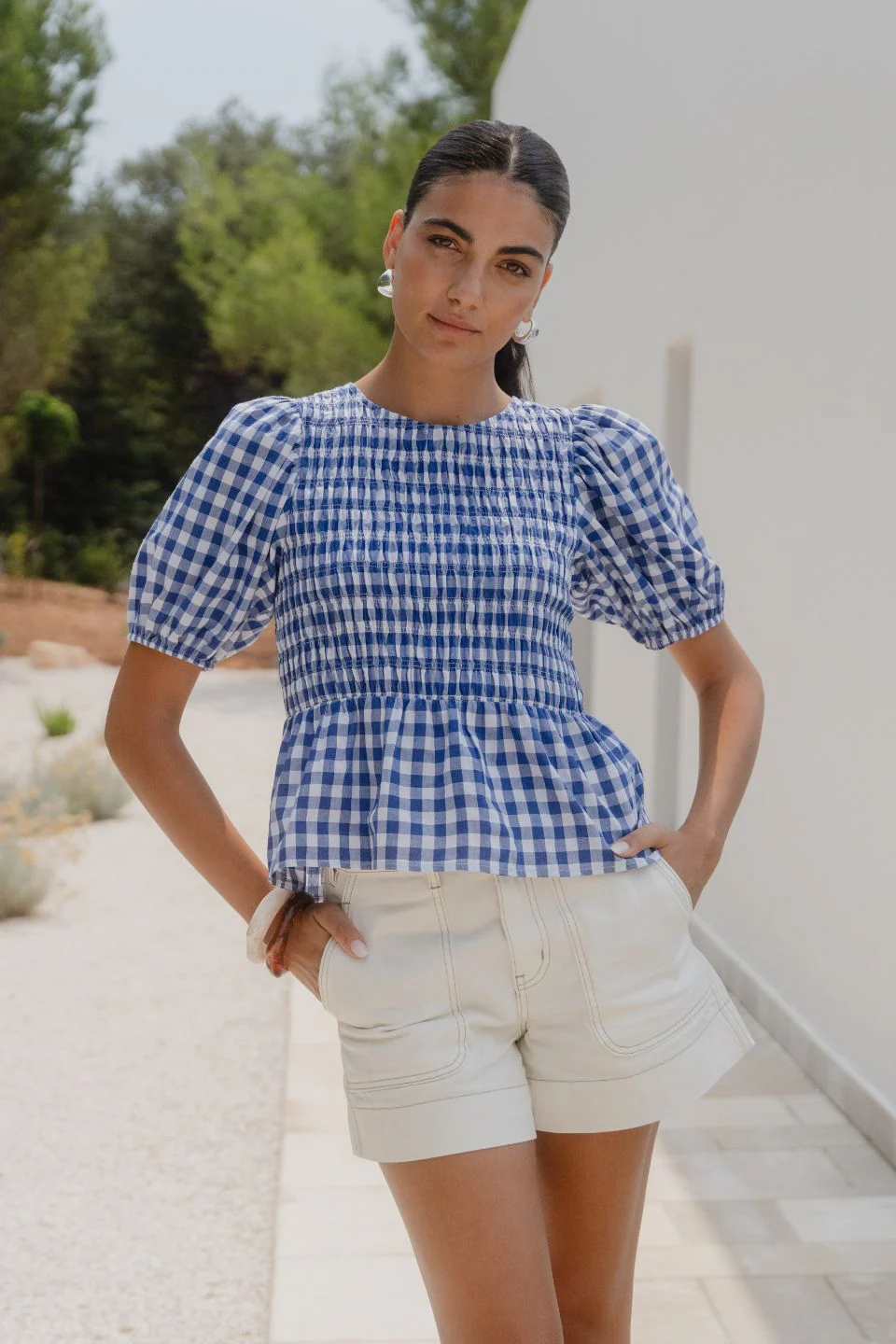 Requite Blue Gingham Shirred Body SS Top - Image 2