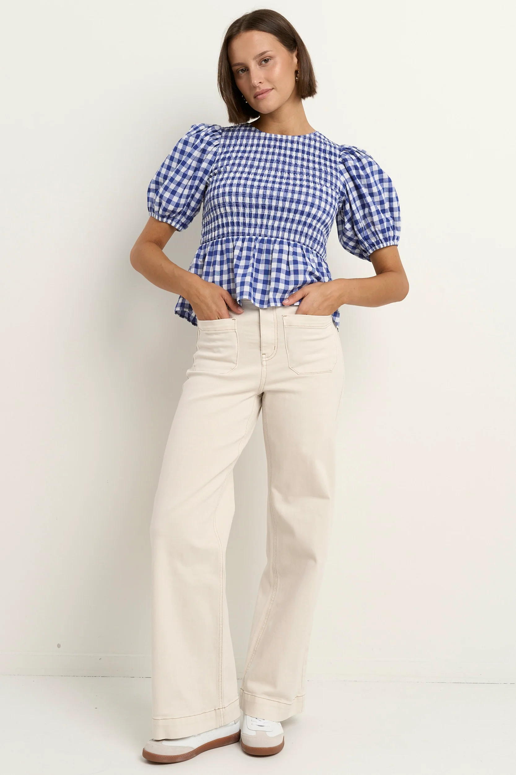 Requite Blue Gingham Shirred Body SS Top - Image 3