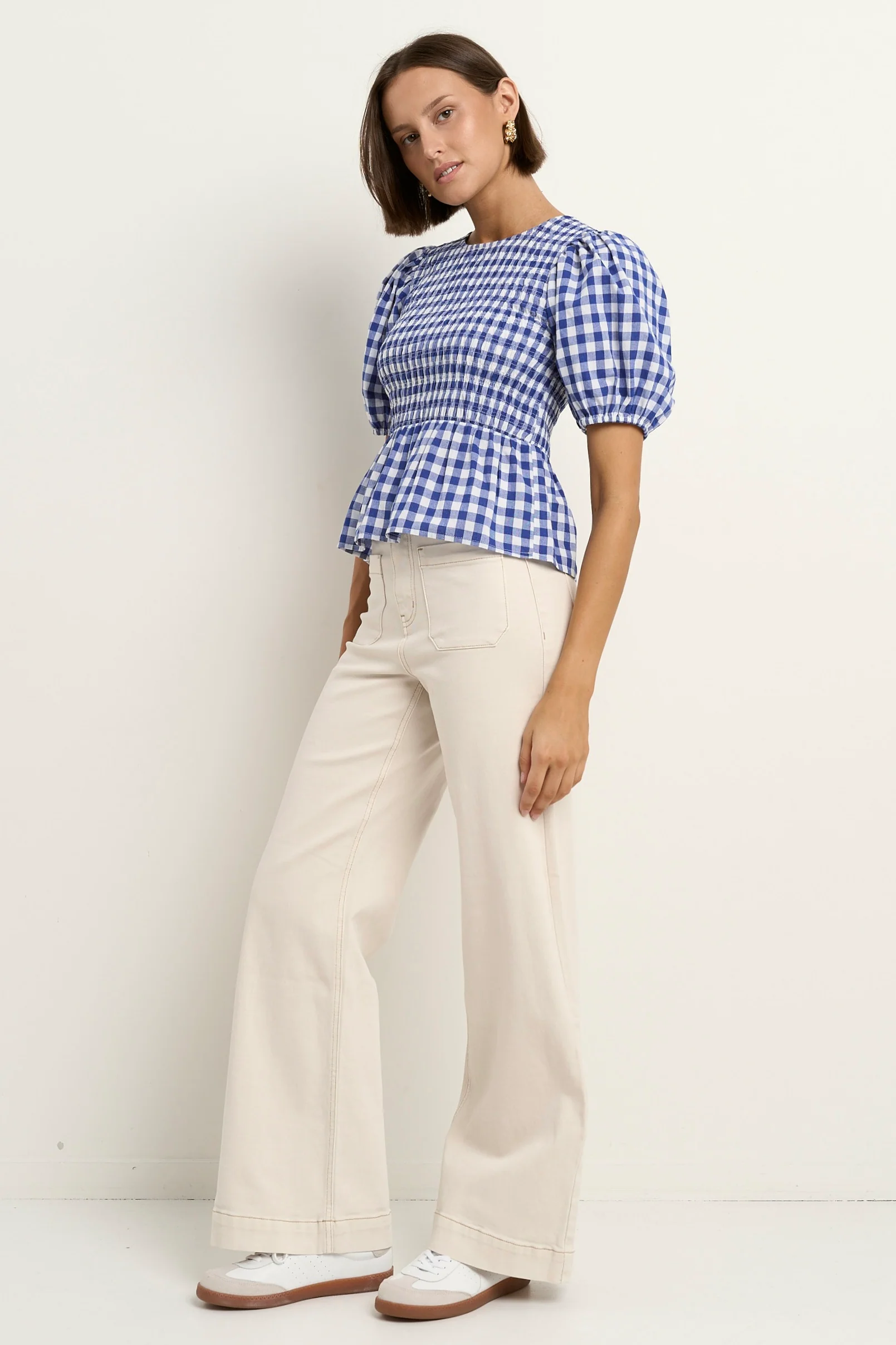Requite Blue Gingham Shirred Body SS Top - Image 4