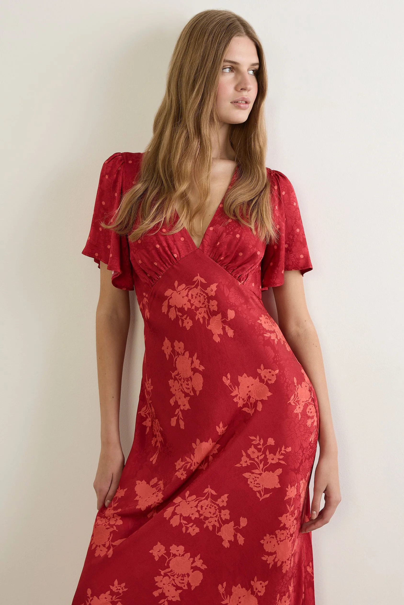Rhea Red Floral V Neck Flutter Sleeve Maxi Dress - Image 3