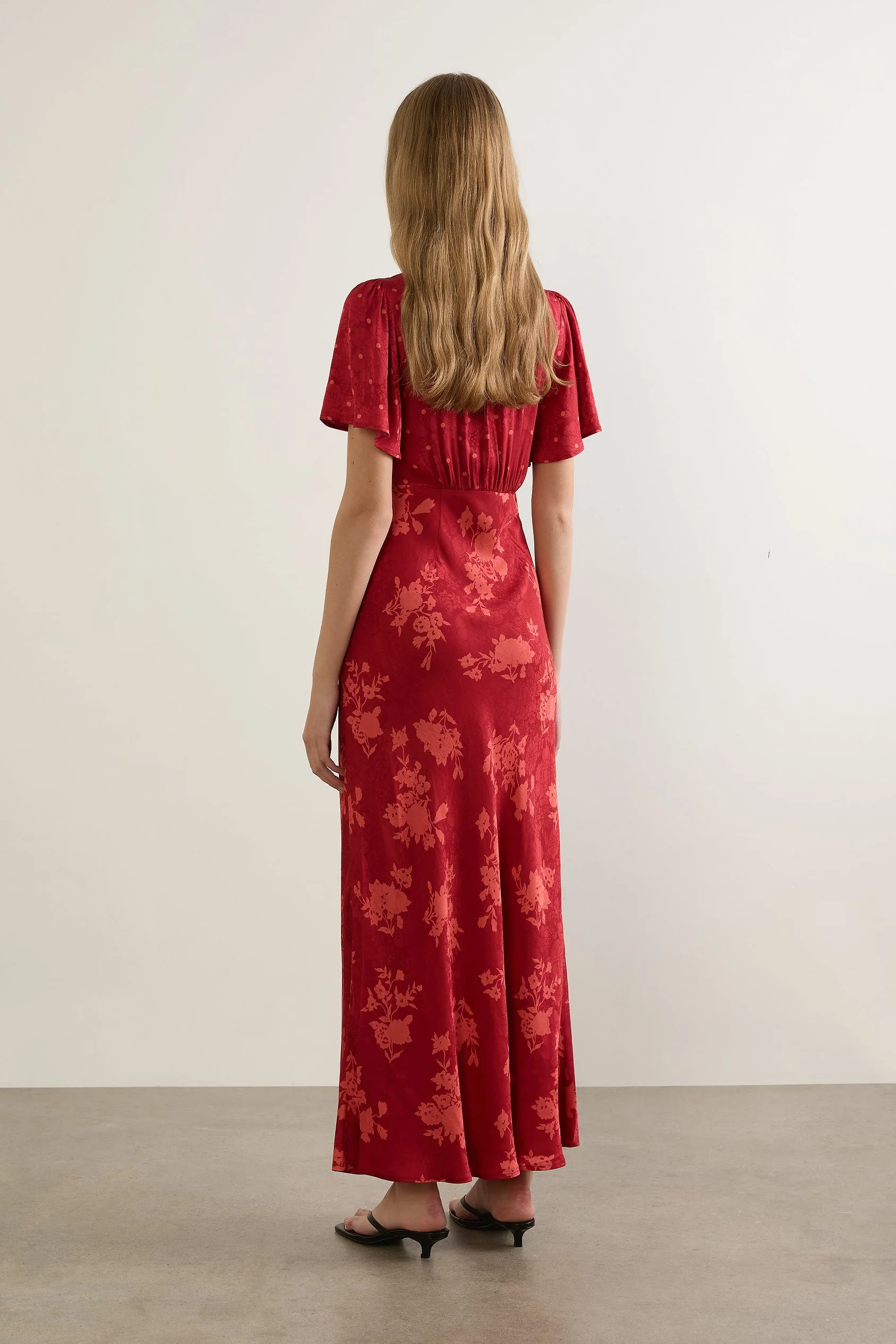 Rhea Red Floral V Neck Flutter Sleeve Maxi Dress - Image 4