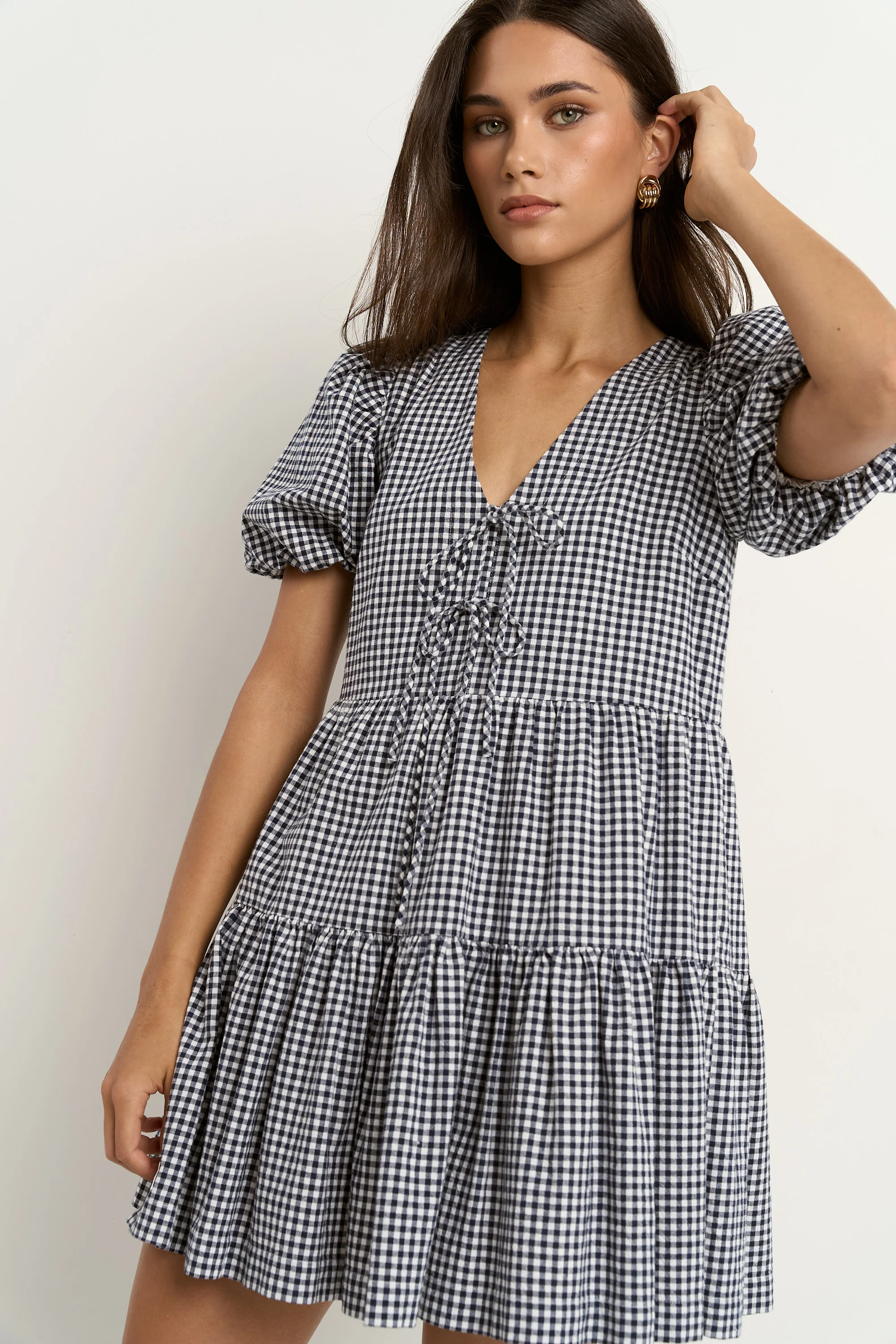 Roam Navy Gingham Puff Sleeve Tie Front Mini Dress