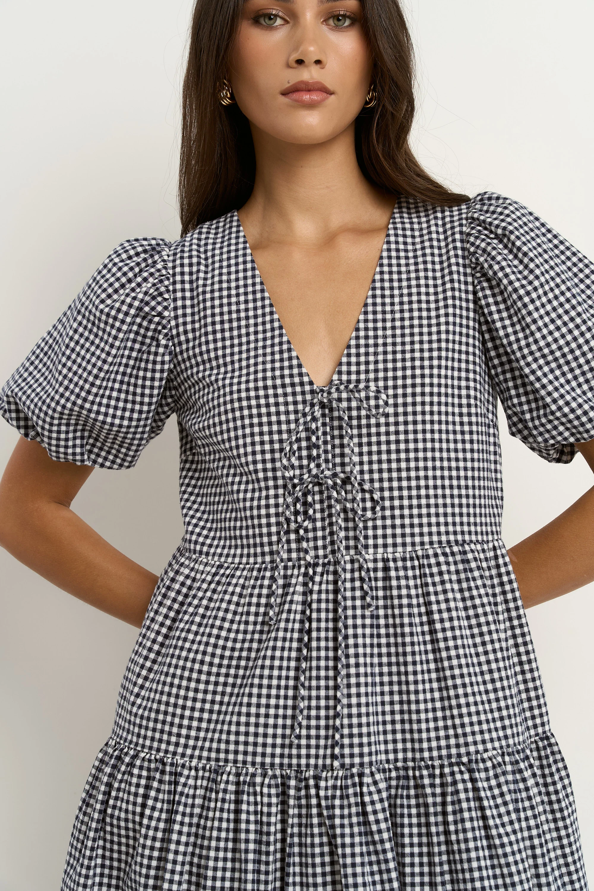 Roam Navy Gingham Puff Sleeve Tie Front Mini Dress - Image 2