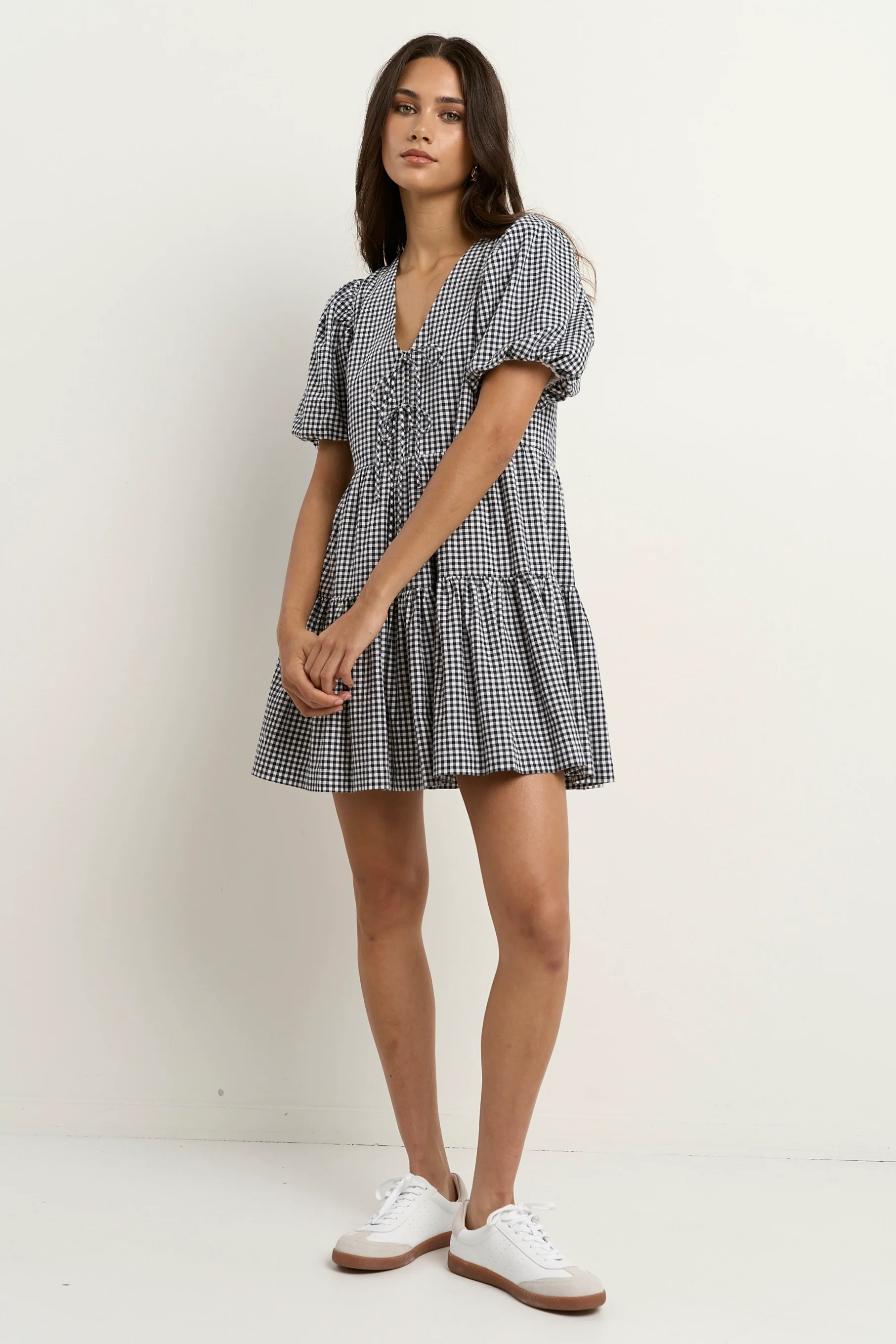 Roam Navy Gingham Puff Sleeve Tie Front Mini Dress - Image 3