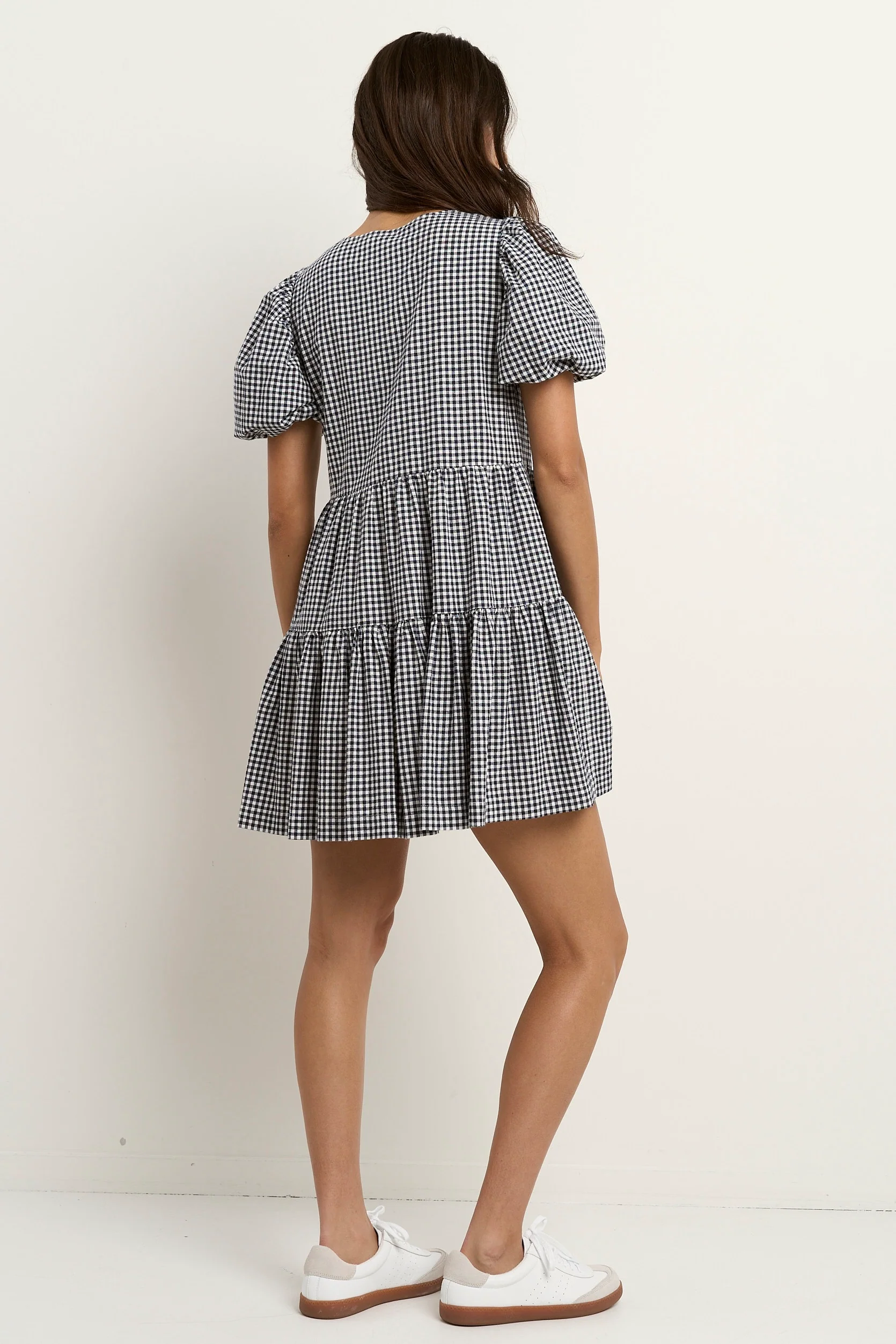Roam Navy Gingham Puff Sleeve Tie Front Mini Dress - Image 4