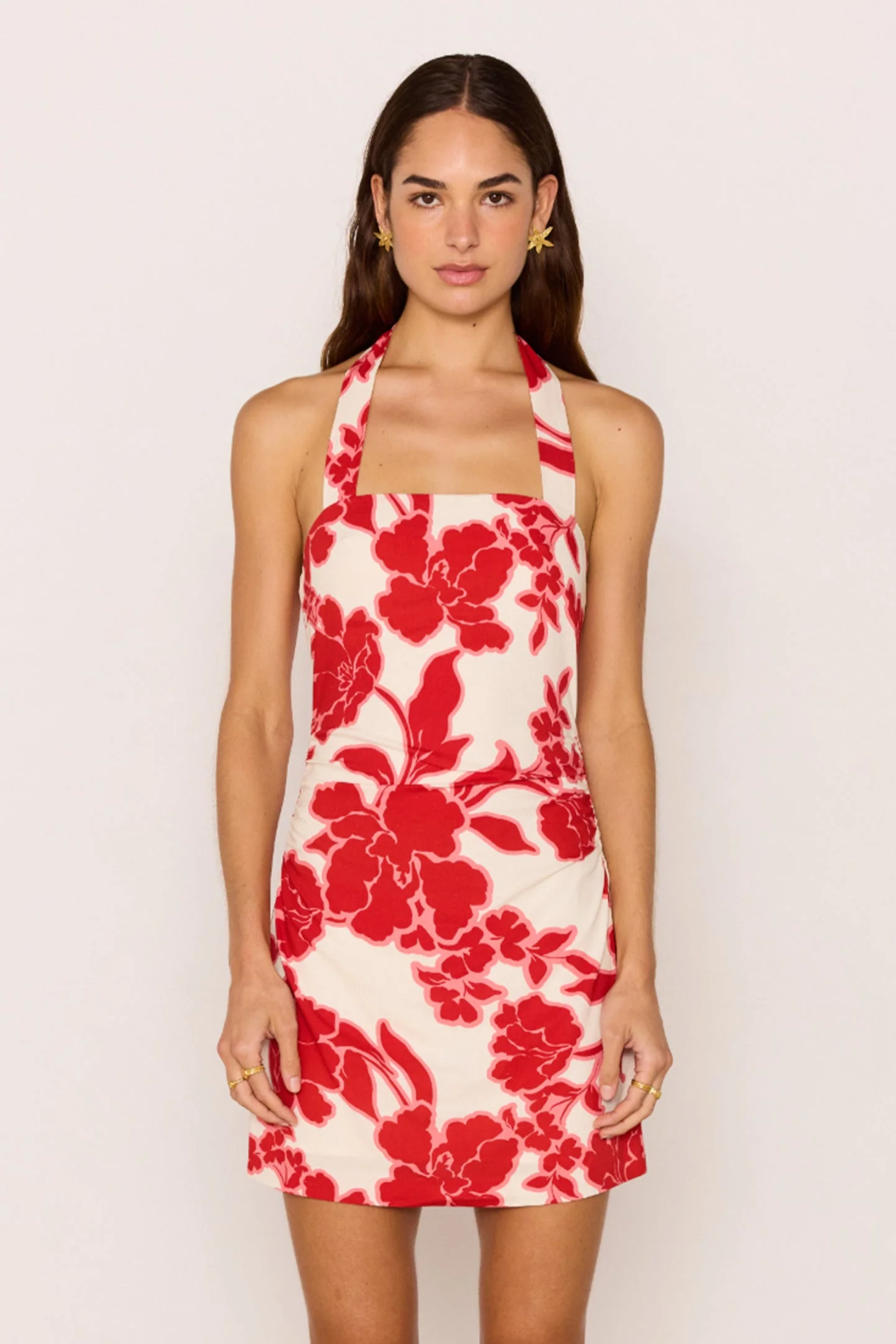 Rosela Red White Floral Halter Mini Dress - Image 3