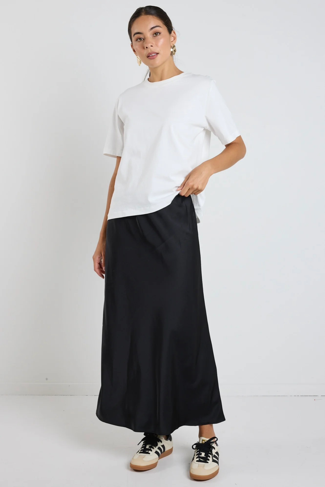 Rosette Black Satin Bias Midi Skirt - Image 2