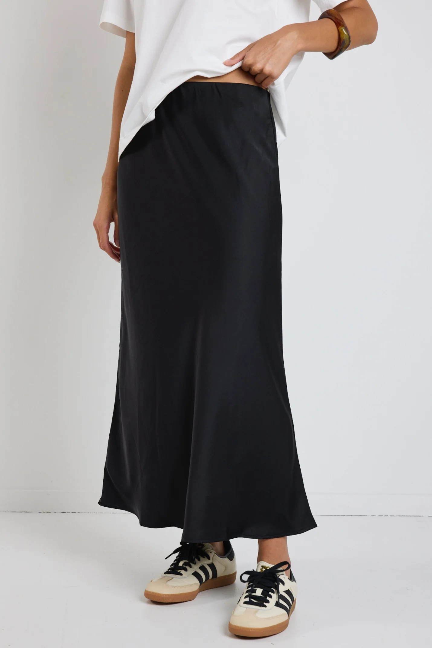 Rosette Black Satin Bias Midi Skirt - Image 3