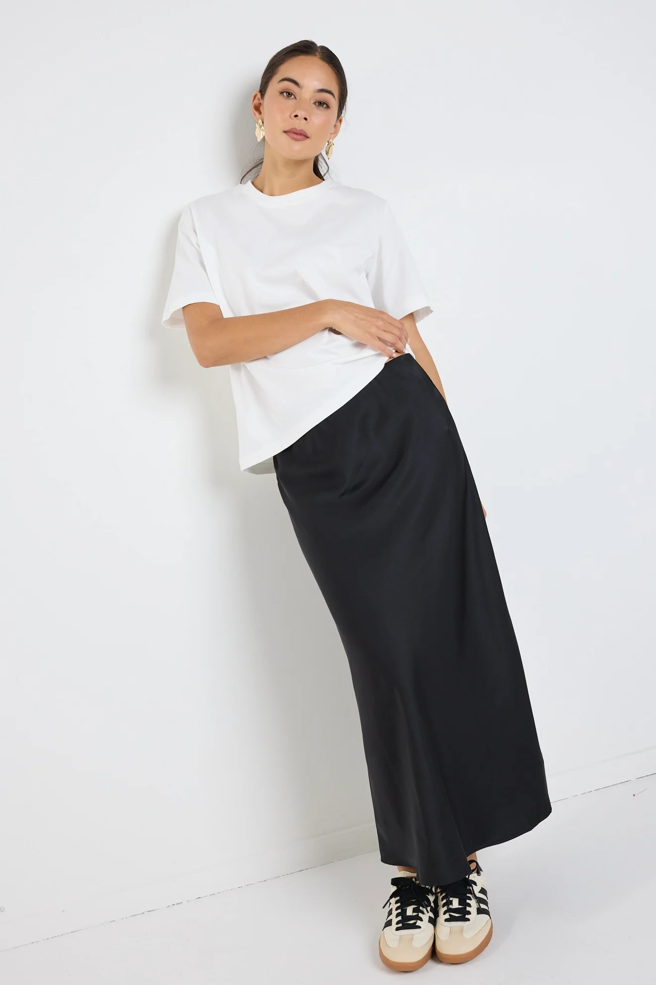 Rosette Black Satin Bias Midi Skirt - Image 4