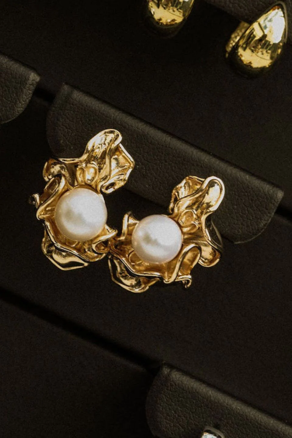 Ruched Gold Pearl Earrings - Image 4