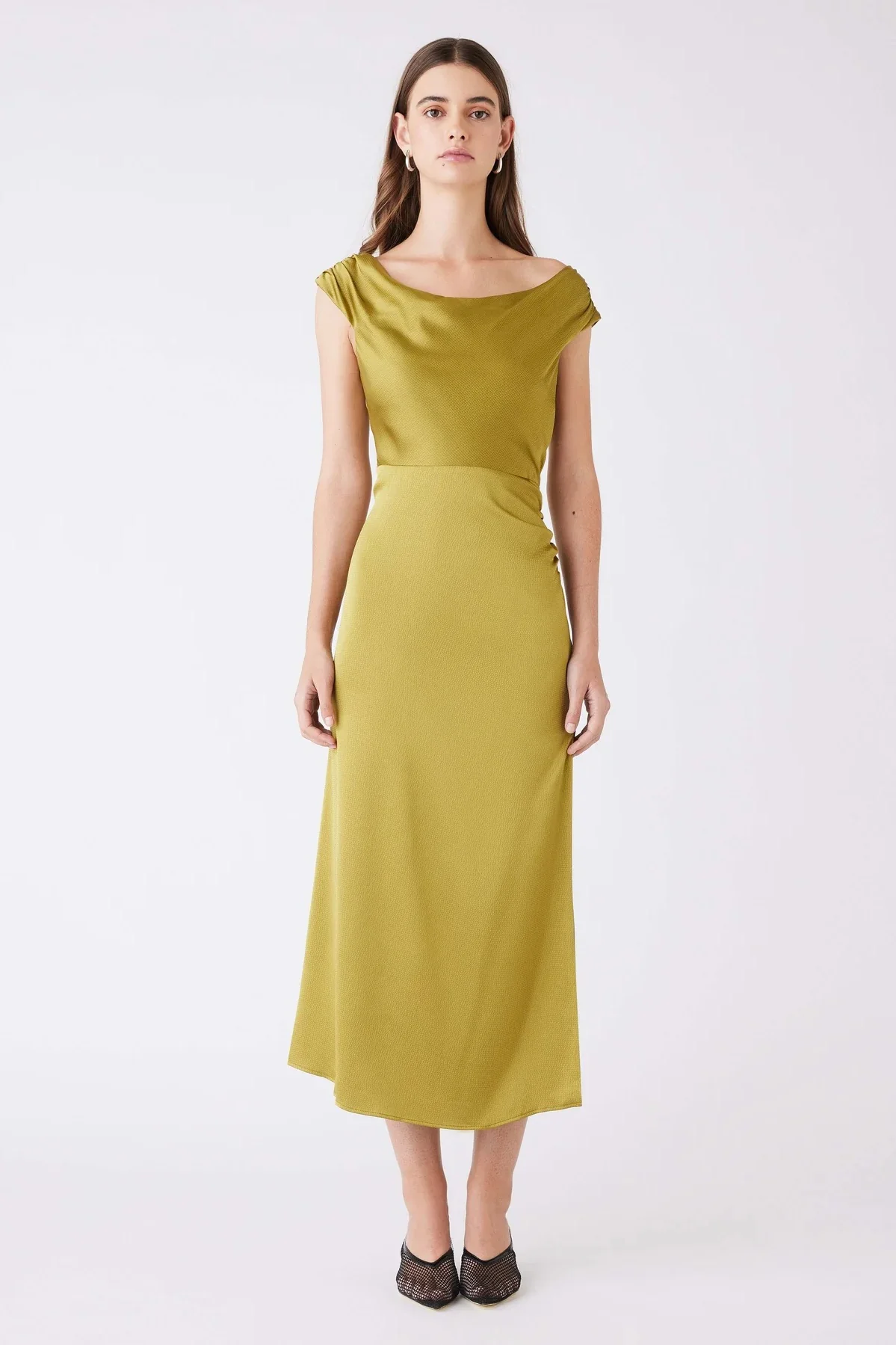 Satelite Green Off Shoulder SS Midi Dress