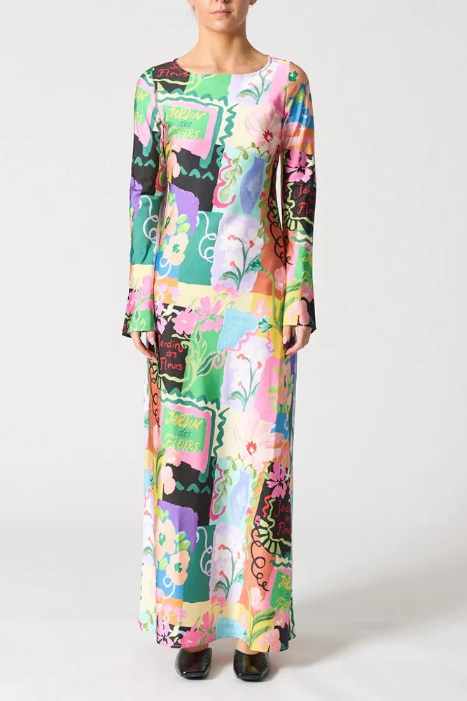 Soho Jardin Des Fleurs Multi Print LS Satin Maxi Dress
