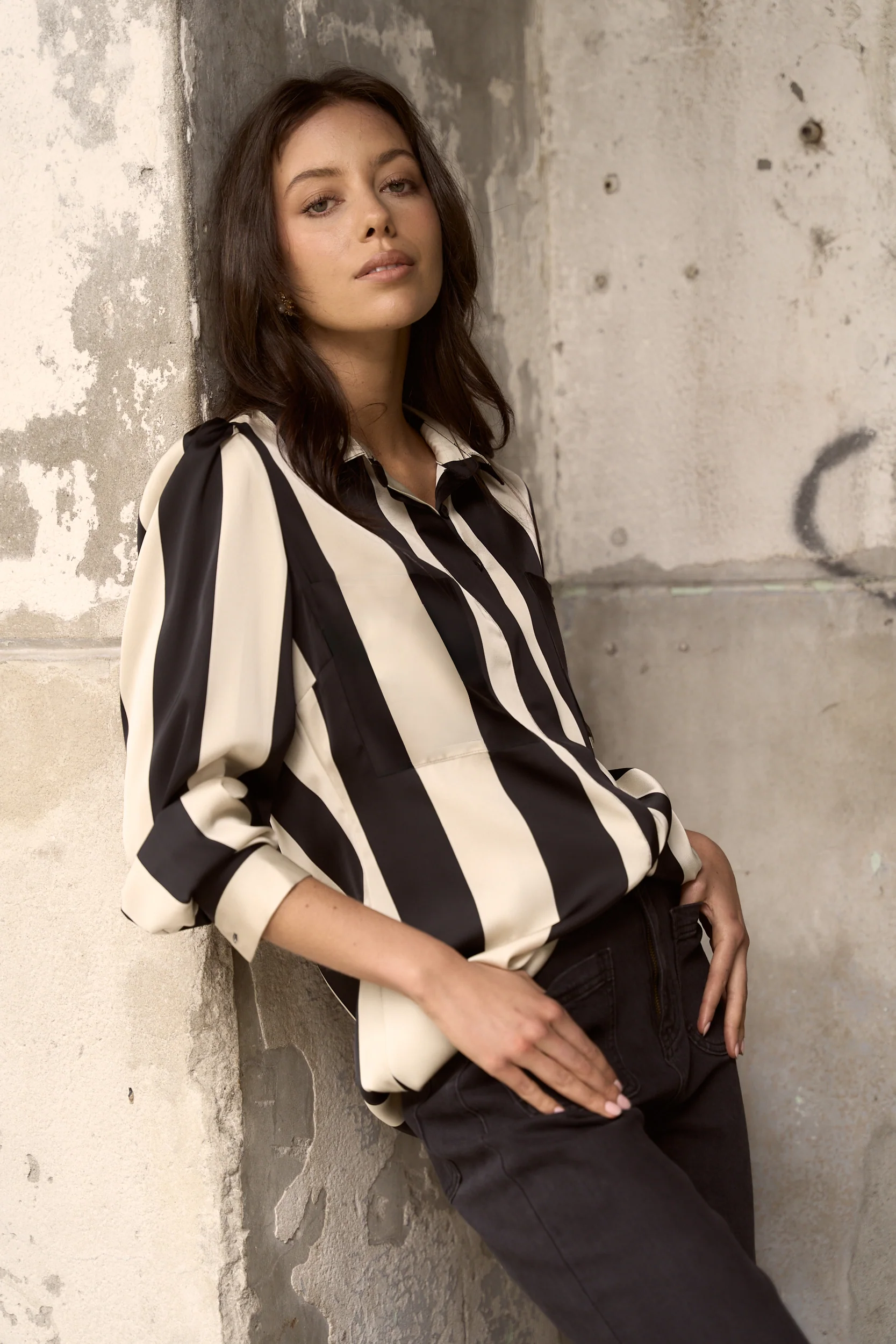 Solidify Black Sand Stripe LS Blouse - Image 2