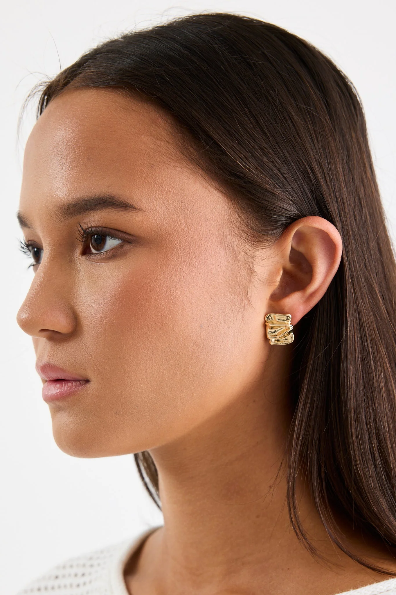 Square Pleated Gold Stud Earring - Image 2