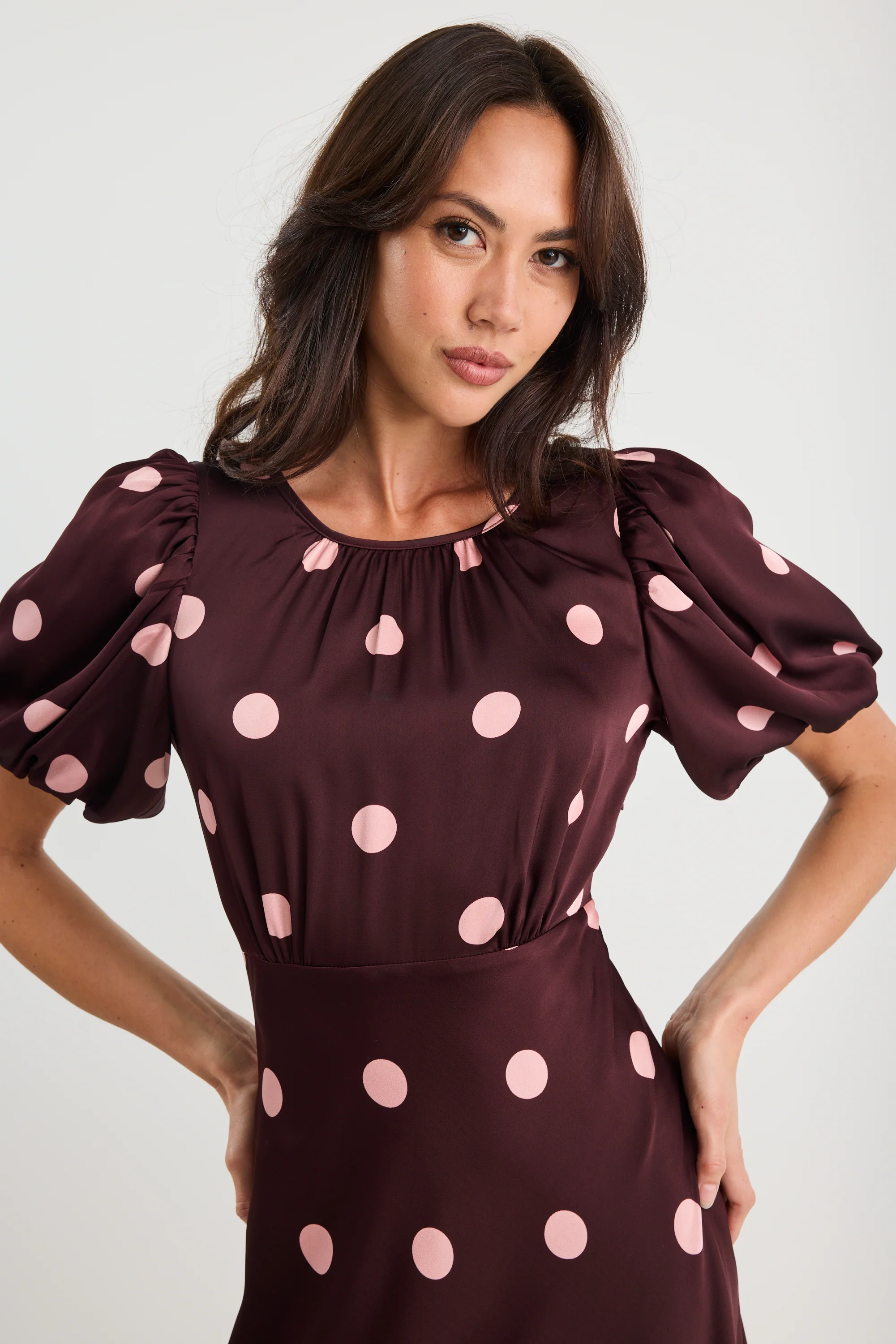 Stage Plum Polka Dot Puff Sleeve Satin Floaty Maxi Dress - Image 3