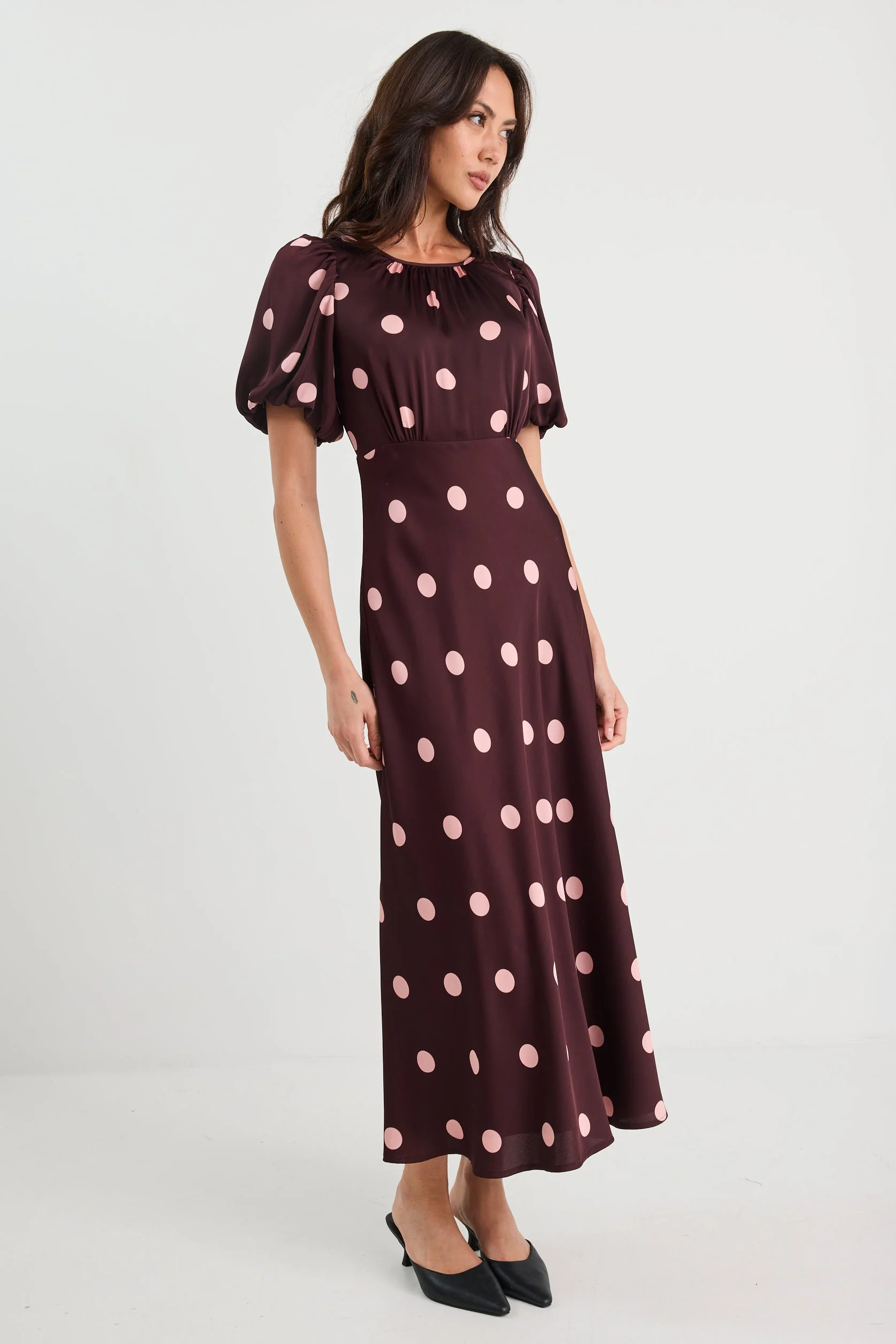 Stage Plum Polka Dot Puff Sleeve Satin Floaty Maxi Dress - Image 4
