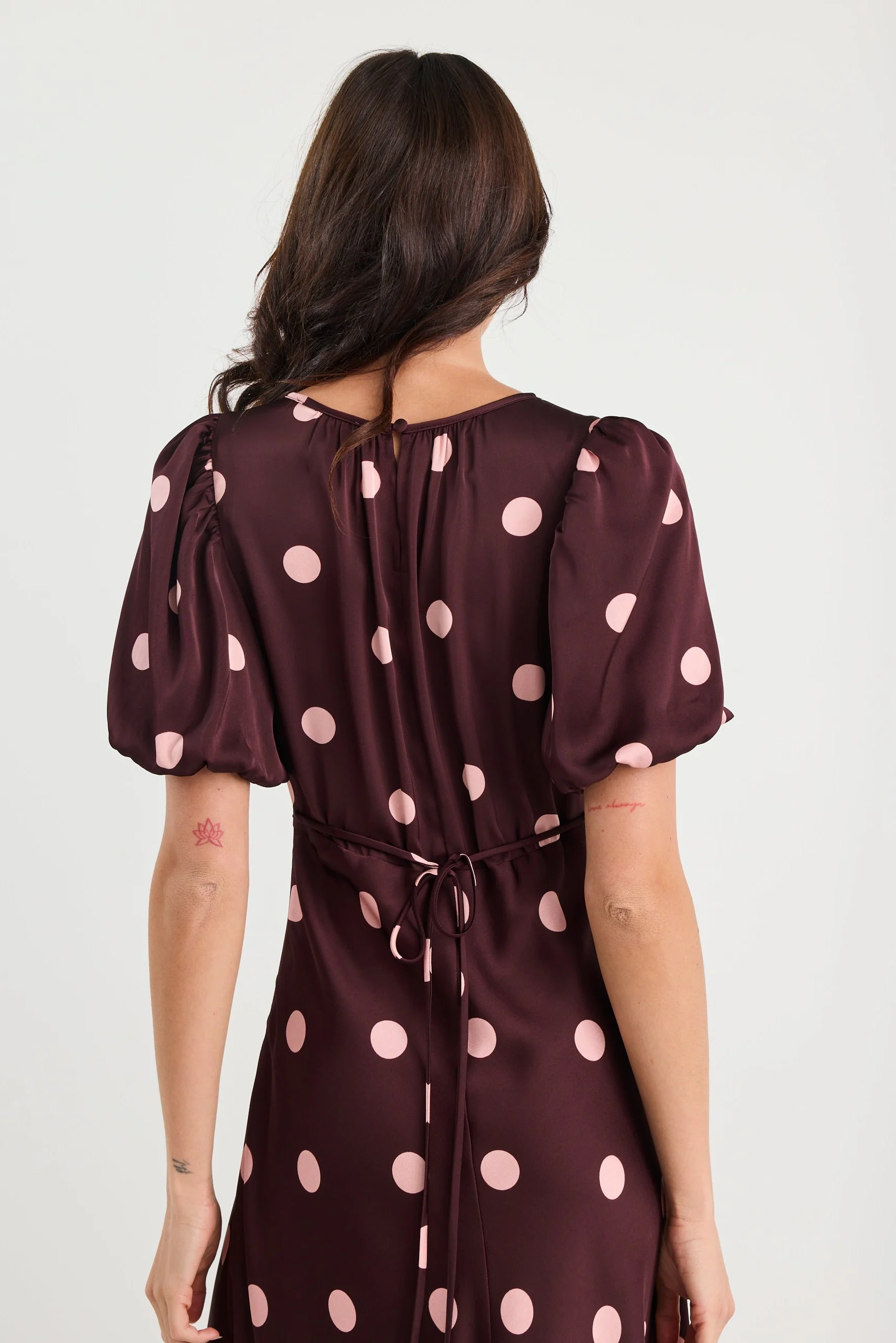 Stage Plum Polka Dot Puff Sleeve Satin Floaty Maxi Dress - Image 5