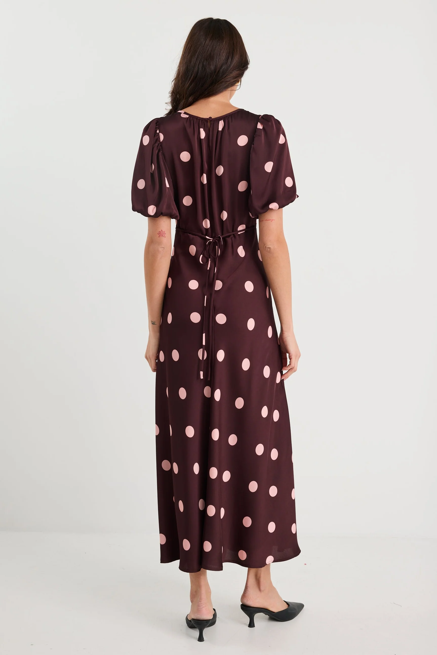 Stage Plum Polka Dot Puff Sleeve Satin Floaty Maxi Dress - Image 6
