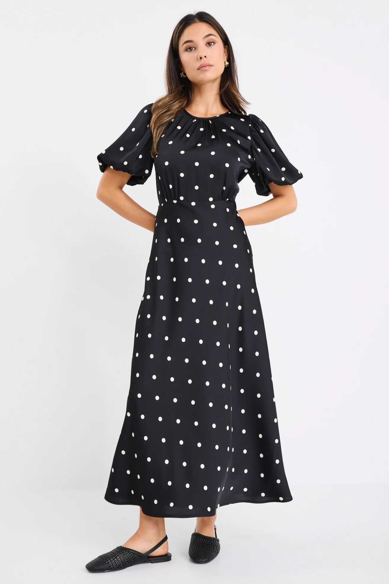 Stage Black Polka Dot Puff Sleeve Floaty Maxi Dress - Image 2