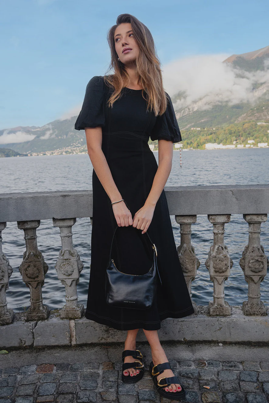 State Black Linen Blend SS Midi Dress
