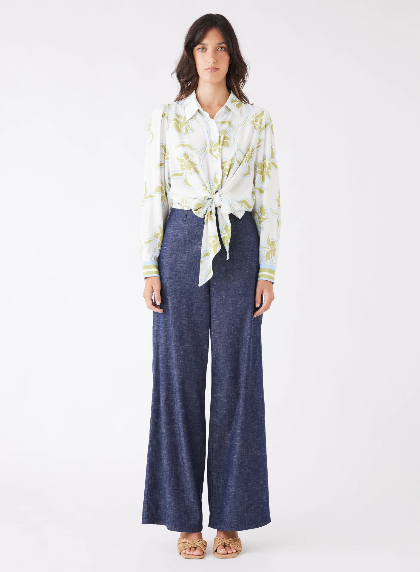Tranquility Olive Floral Front Tie LS Shirt