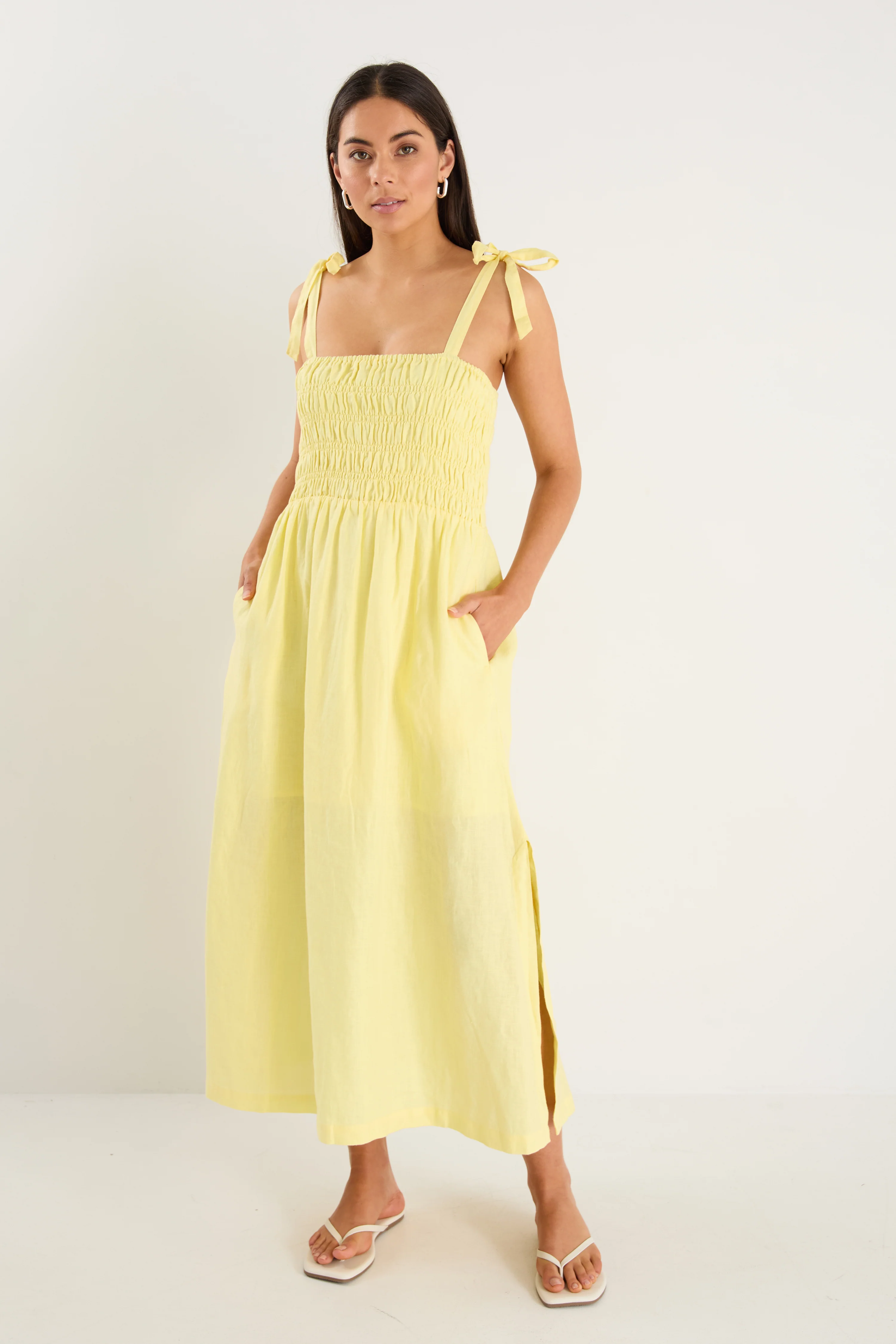 Vacation Canary Yellow Strappy Shirred Midi Dress