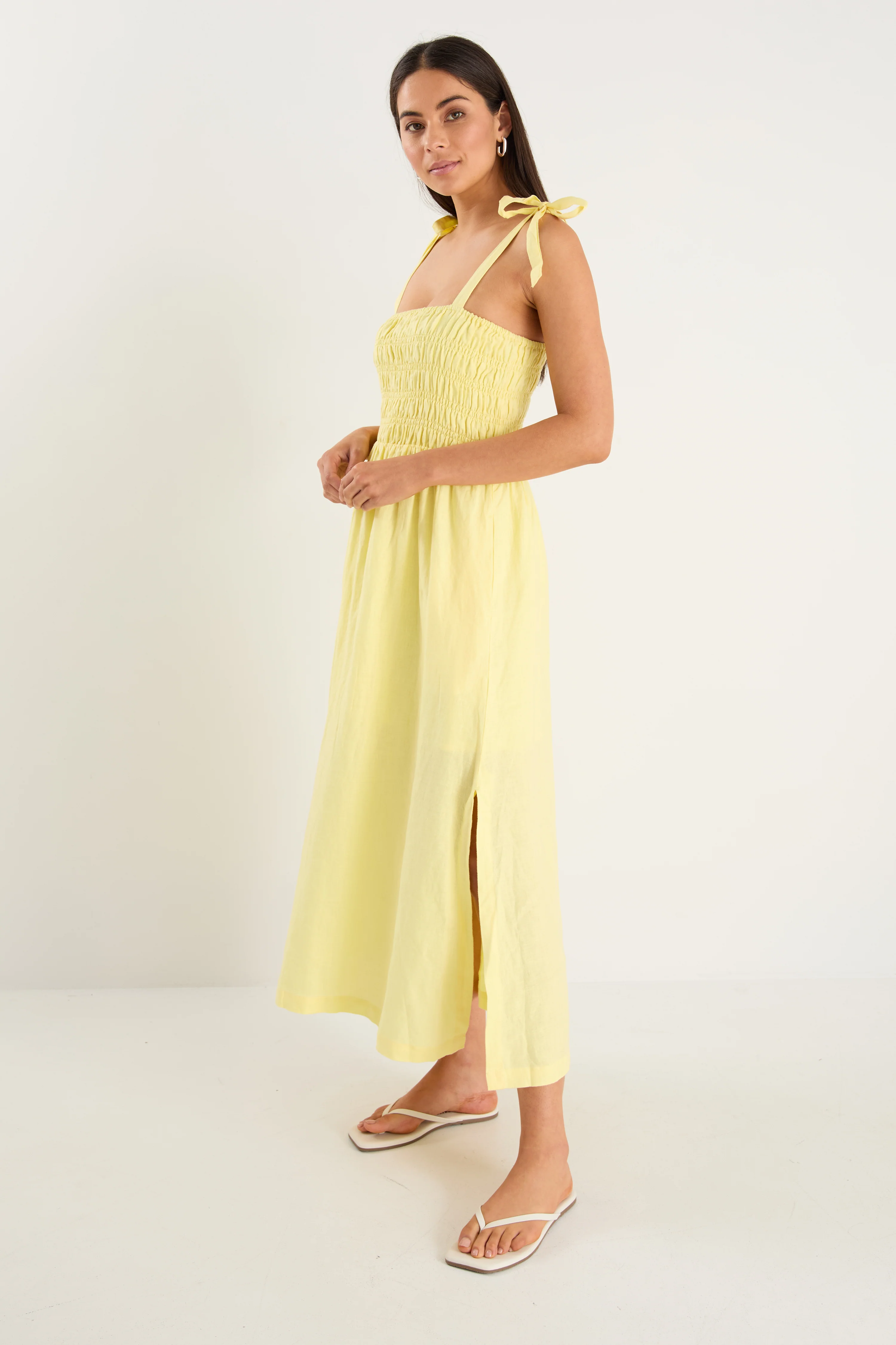 Vacation Canary Yellow Strappy Shirred Midi Dress - Image 2