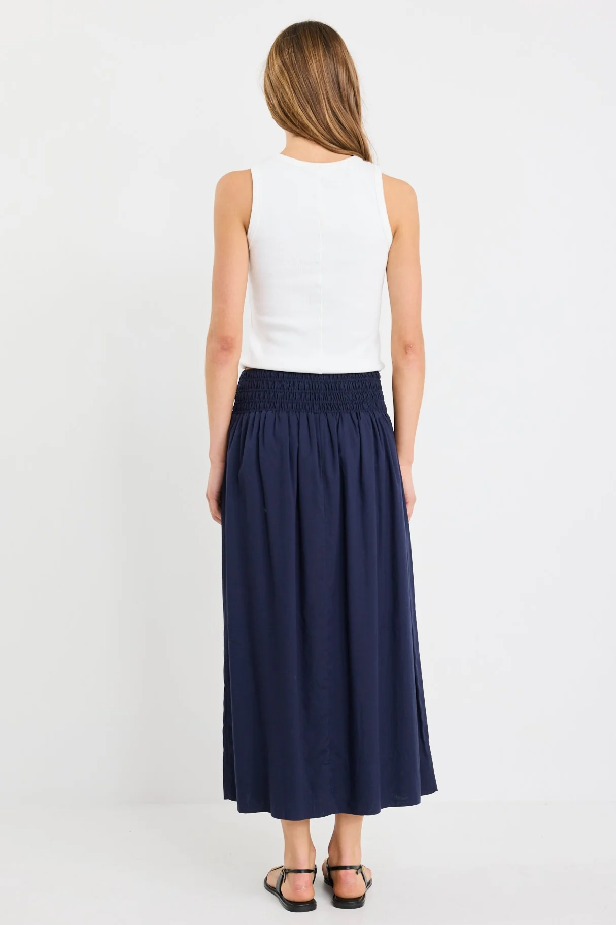 Wanderlust Navy Linen Blend Shirred Waist Maxi Skirt - Image 3