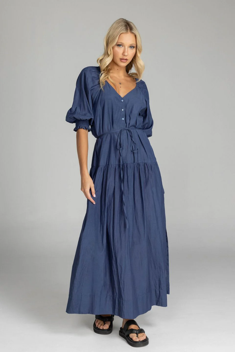Whispered Promises Navy Button Front Mid Sleeve Maxi Dress - Image 2