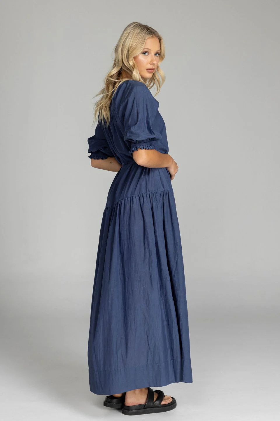Whispered Promises Navy Button Front Mid Sleeve Maxi Dress - Image 3