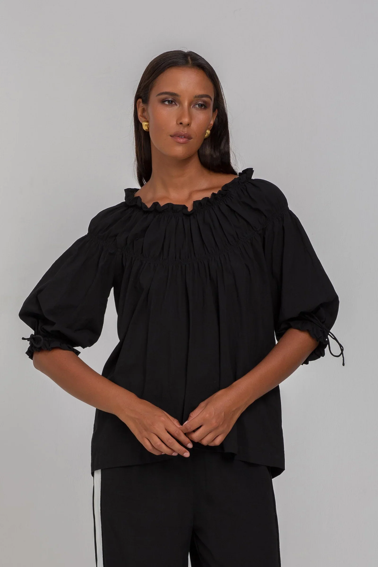With Hope Black Shirred Neck Mid Sleeve Top