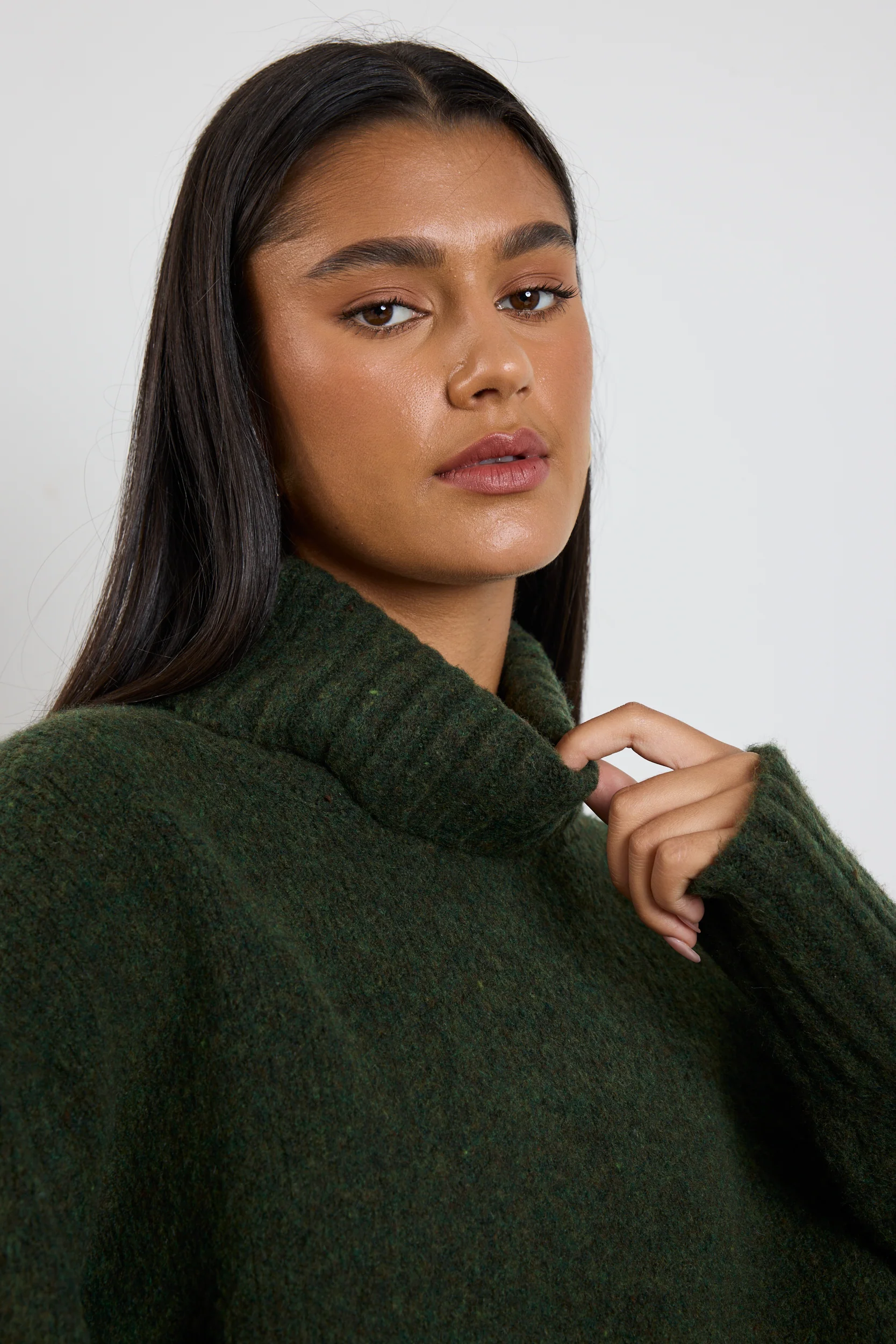 Zealous Dark Khaki Roll Neck Super Soft Knit Jumper - Image 2